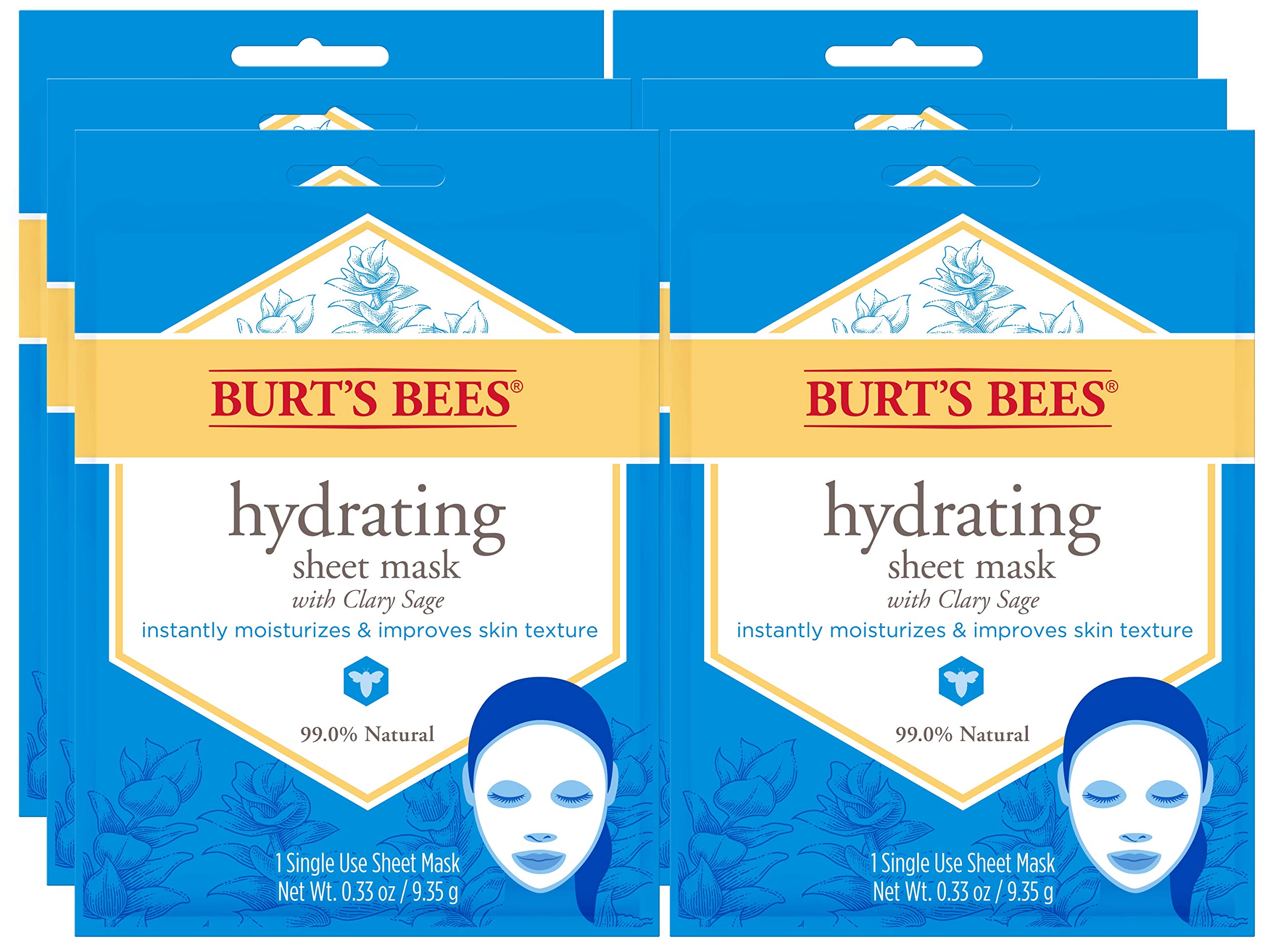 Burt's Bees Hydrating Face Mask with Clary Sage, Single Use Sheet Mask, 6 Count (Package May Vary)
