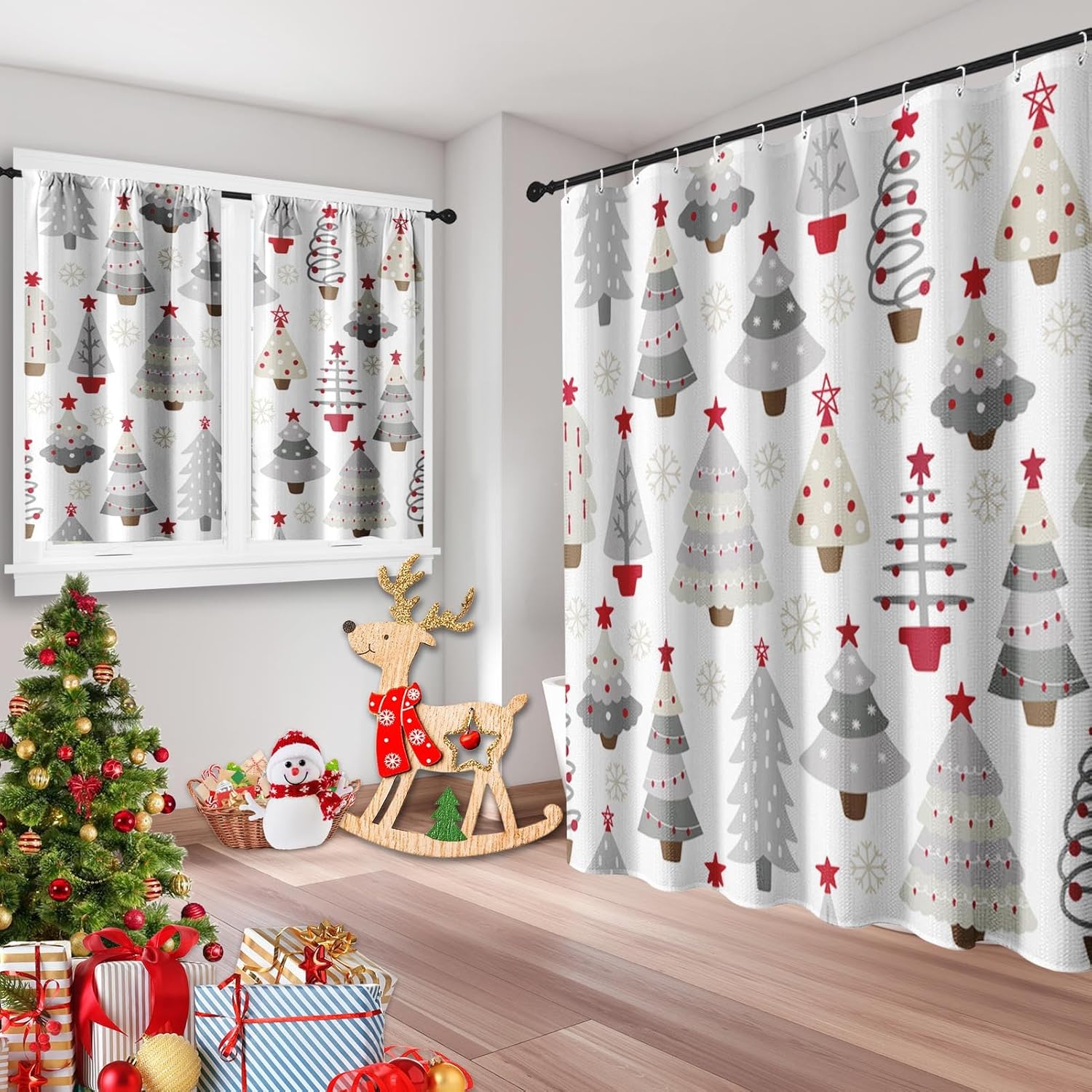 Culudea Tree Gray Red Christmas Shower Curtain Set with
