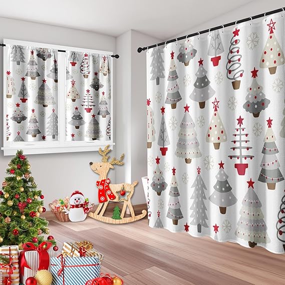 Culudea Tree Gray Red Christmas Shower Curtain Set with