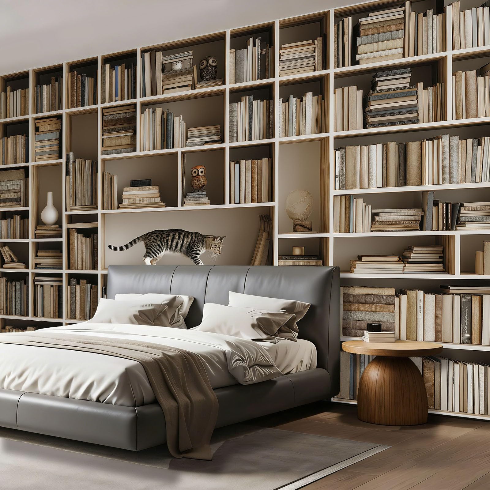 Vlies Fototapete Bücherregal Bücher Tiere Katzen Wohnzimmer Schlafzimmer, Moderner Minimalismus Wandbilder Wand Dekoration Geruchsneutral Vliestapete Wandtapete Poster Für Kindertapete, 350 x 256 cm
