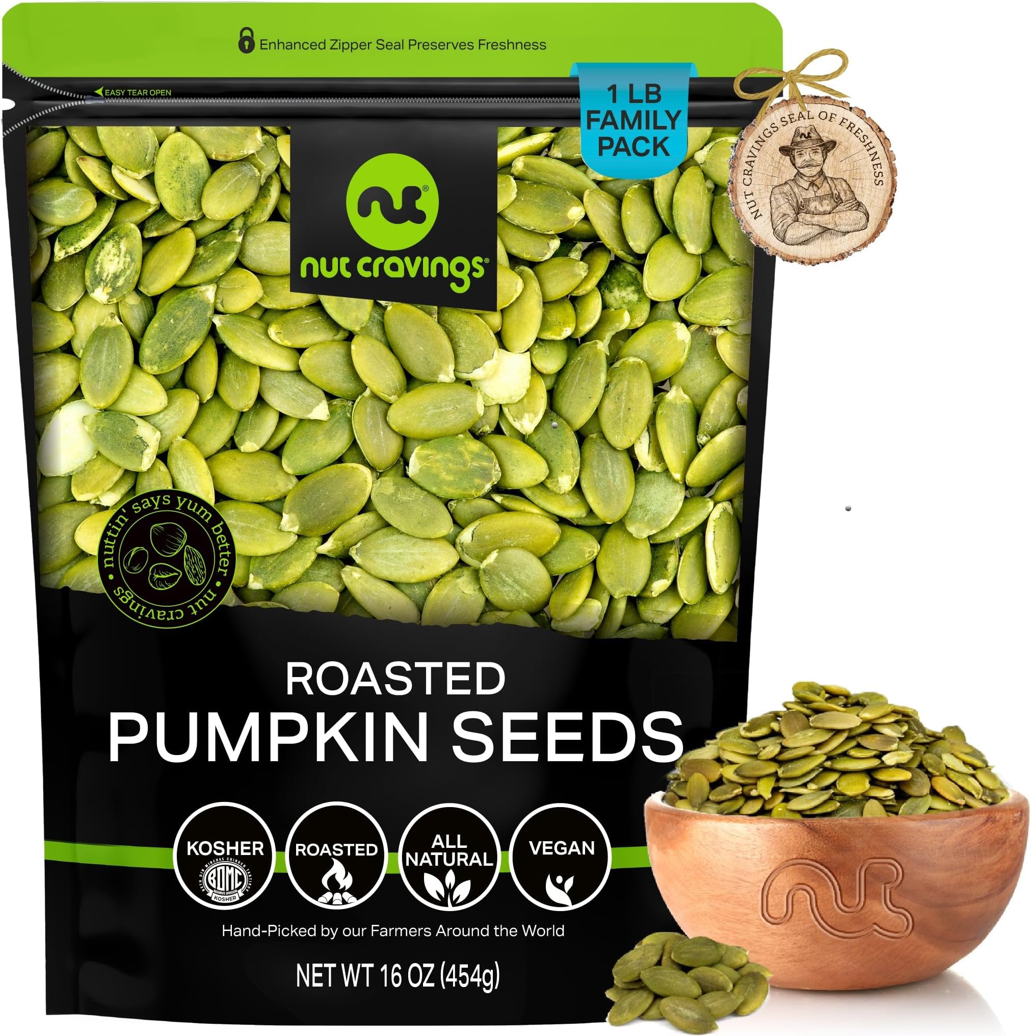 NUT CRAVINGS - Roasted & Unsalted Pumpkin Seeds, Pepitas, No Shell (16oz - 1 LB) Packed Fresh in Resealable Bag - Nut Snack - Food Assortments