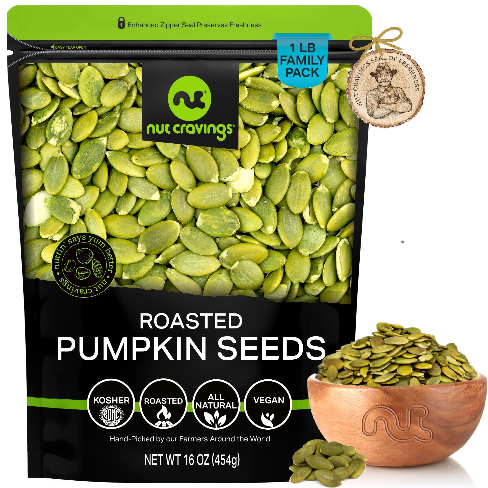 NUT CRAVINGS - Roasted & Unsalted Pumpkin Seeds, Pepitas, No Shell (16oz - 1 LB) Packed Fresh in Resealable Bag - Nut Snack - Food Assortments