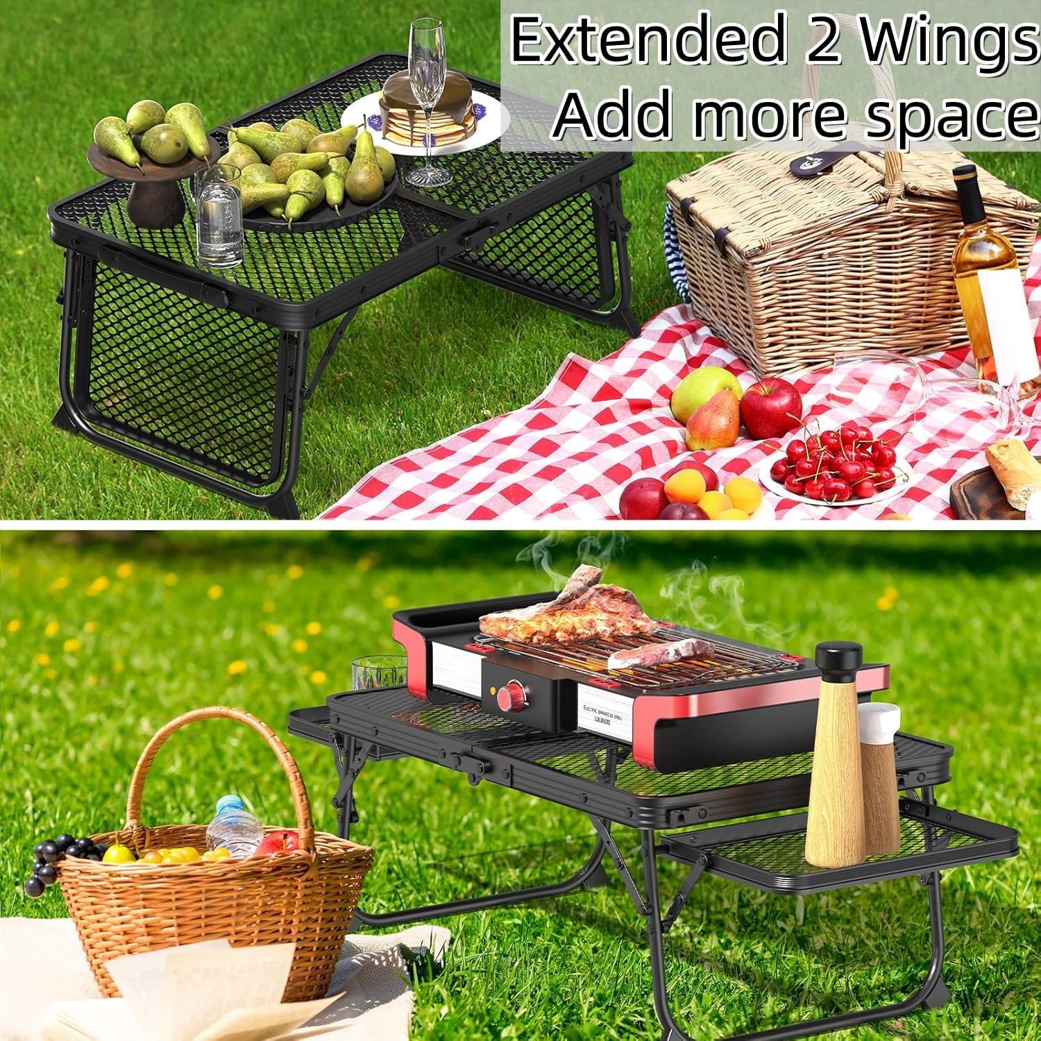 Delavala Foldable Outdoor Camping Table with Grill Rack & Wing Panels, Lightweight Aluminum BBQ Picnic Table, Portable Travel Table with Storage Shelf & Handle 1