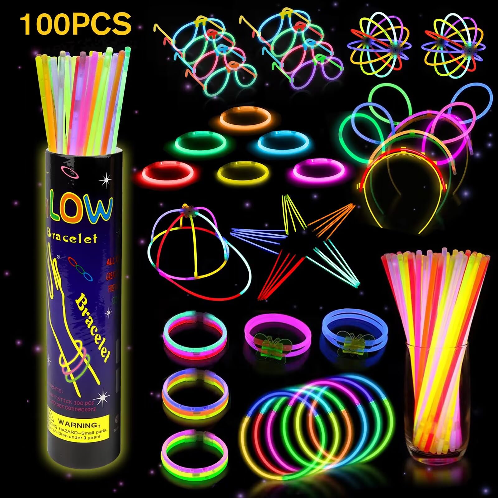 MXTIMWAN Barras Luminosas, 100 Pulseras Luminosas Fluorescentes y 100 Conectores, Fiestas, Bodas y Decoraciones de Halloween, Ideal para Fiestas en la Oscuridad para Cumpleaños