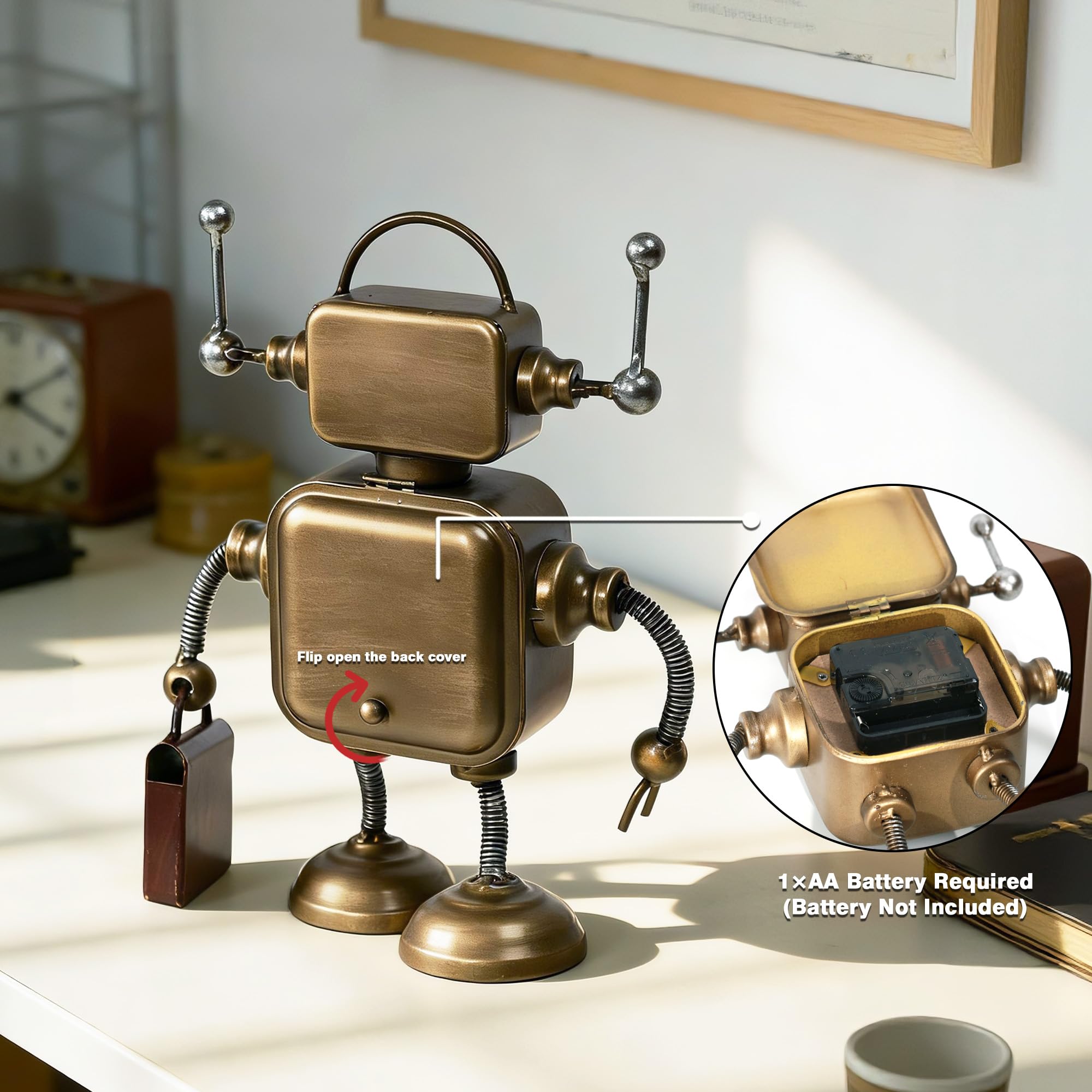 AYRELY® Vintage Roboter Uhr, Steampunk Tischuhr aus Metall mit Zahnrad-Design, Industrielle Deko Uhr für Schreibtisch, Regal, Kamin und Wohnzimmer