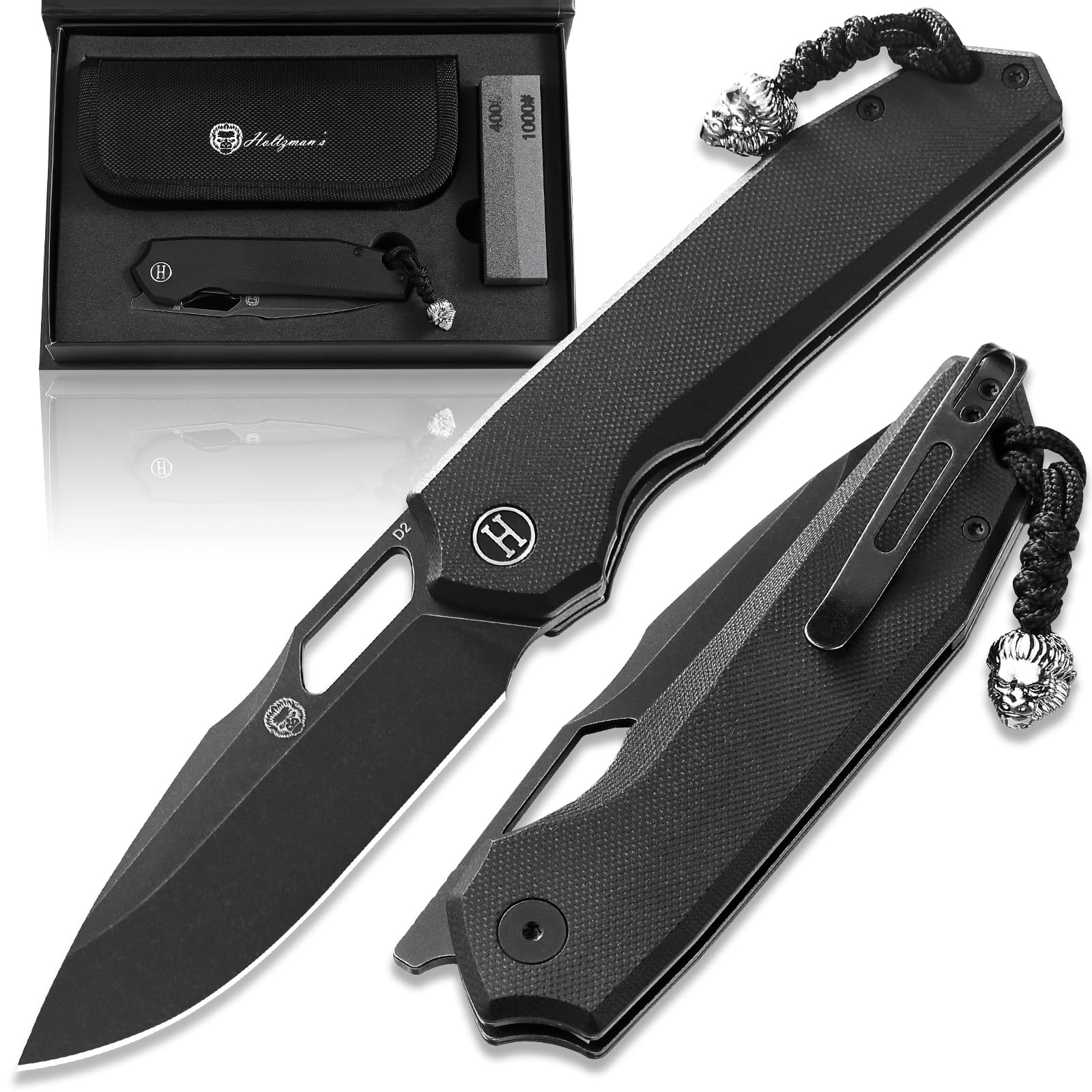 Holtzman's Gorilla Survival Mens Folding Pocket Knife Set D2 Steel Blade G10 Handle Pocket Knife EDC Gift set for Men (black stonewashed blade+black G10 handle)