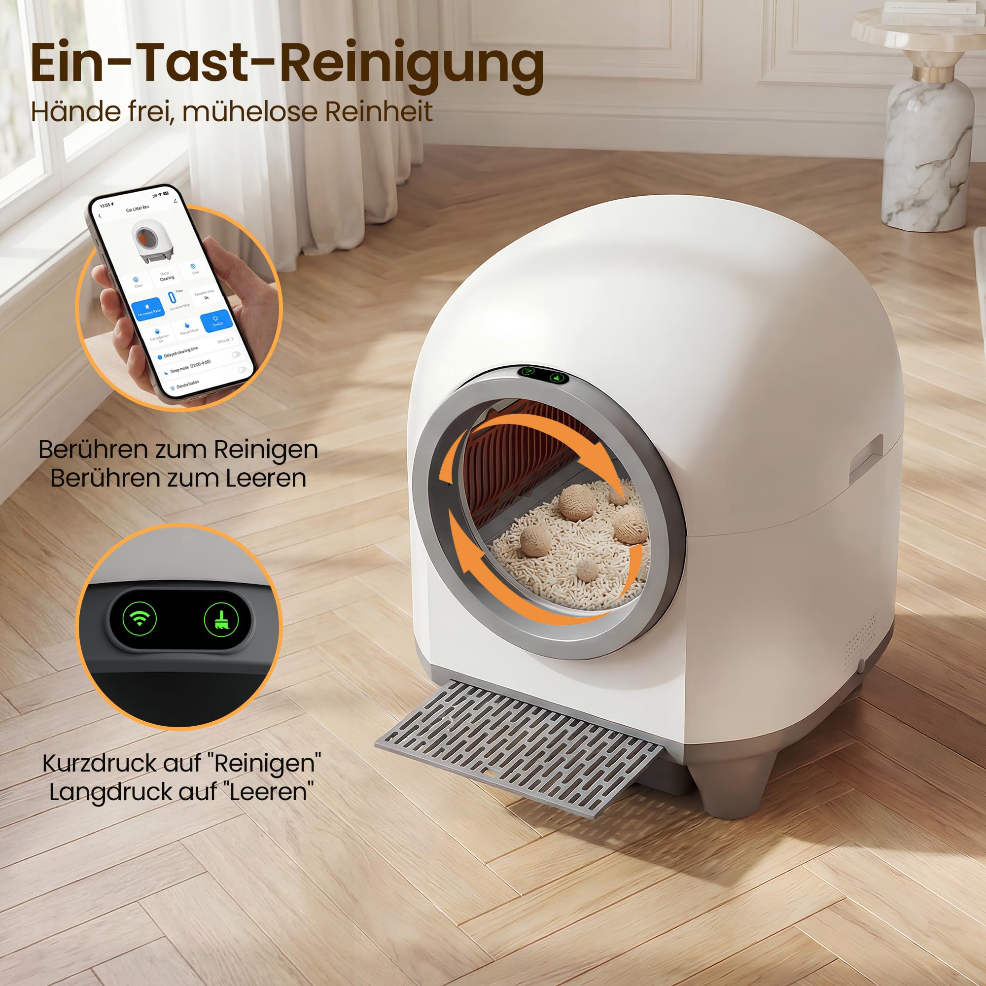 Devoko katzenklo selbstreinigend, 90L selbstreinigende katzentoilette mit niedrigem Einstieg/großem Raum/Geruchsentferner, APP-gesteuerte katzenklo mit Sicherheitssensor inklusive Katzenmatte.