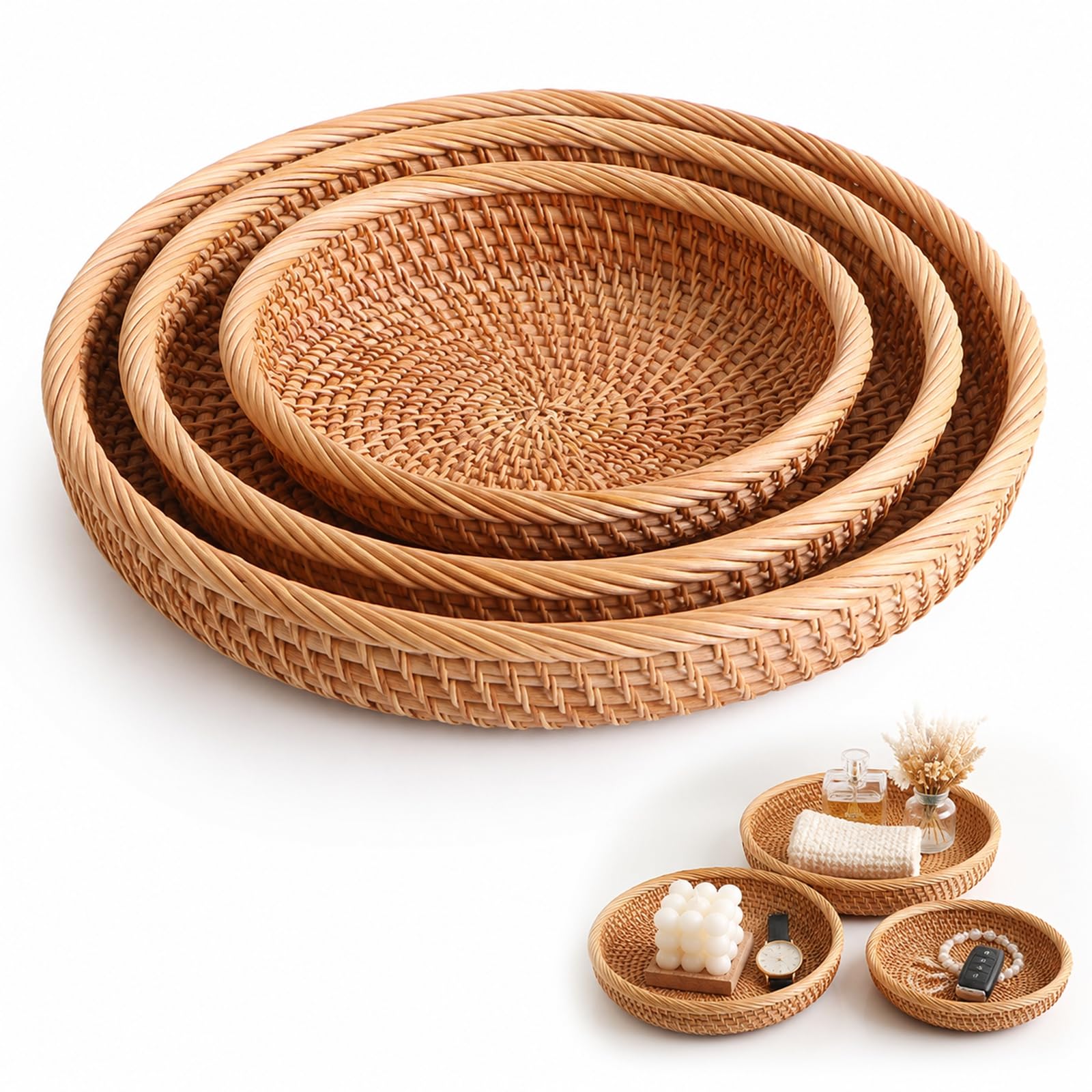 Round Rattan Tray Set of 3 - Hand Woven Nested Wicker Storage Trays for Coffee Table Vanity Entryway, Natural Boho Organiser for Keys Cosmetics Snacks Fruit, 18 cm 21.5 cm 25 cm