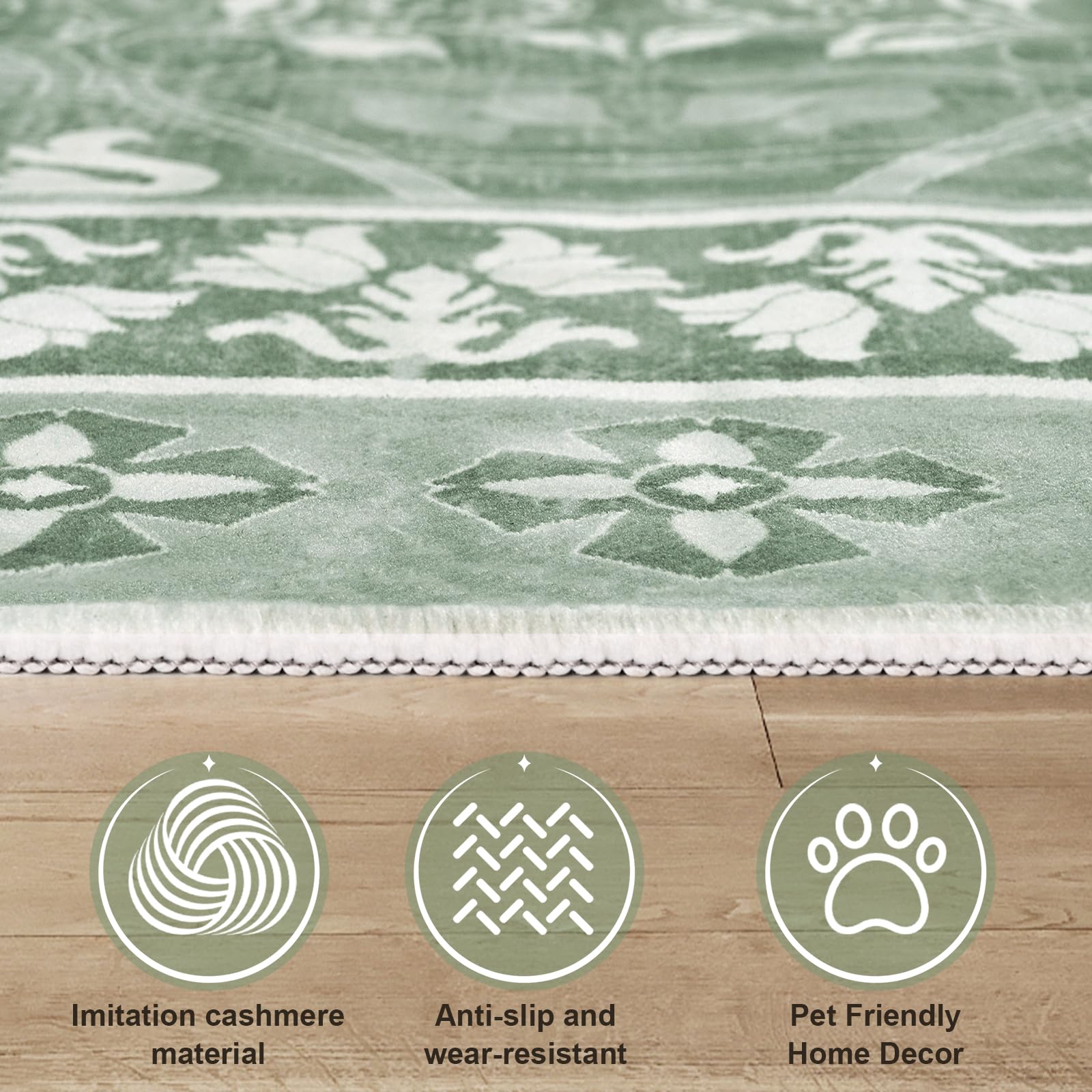 Alishomtll Living Room Area Rugs 60x110cm Anti-Slip Soft Faux Wool Vintage Rugs for Bedroom Washable Large Easy Clean Carpets Durable Floor Carpets Runner for Kids Room Hotel Home Green - Image 3