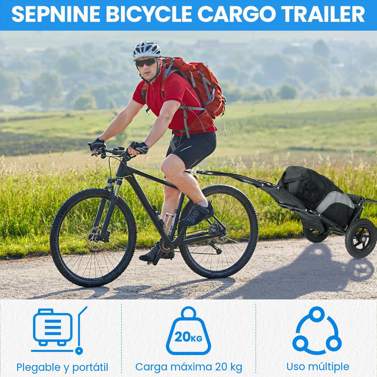 SEPNINE® Remolque de carga bicicleta 2 en 1, remolque de bicicleta, carro de la compra, carro de mano, marco de acero de aleación, fácilmente plegable con neumáticos de 30 cm, peso de carga de 20 kg