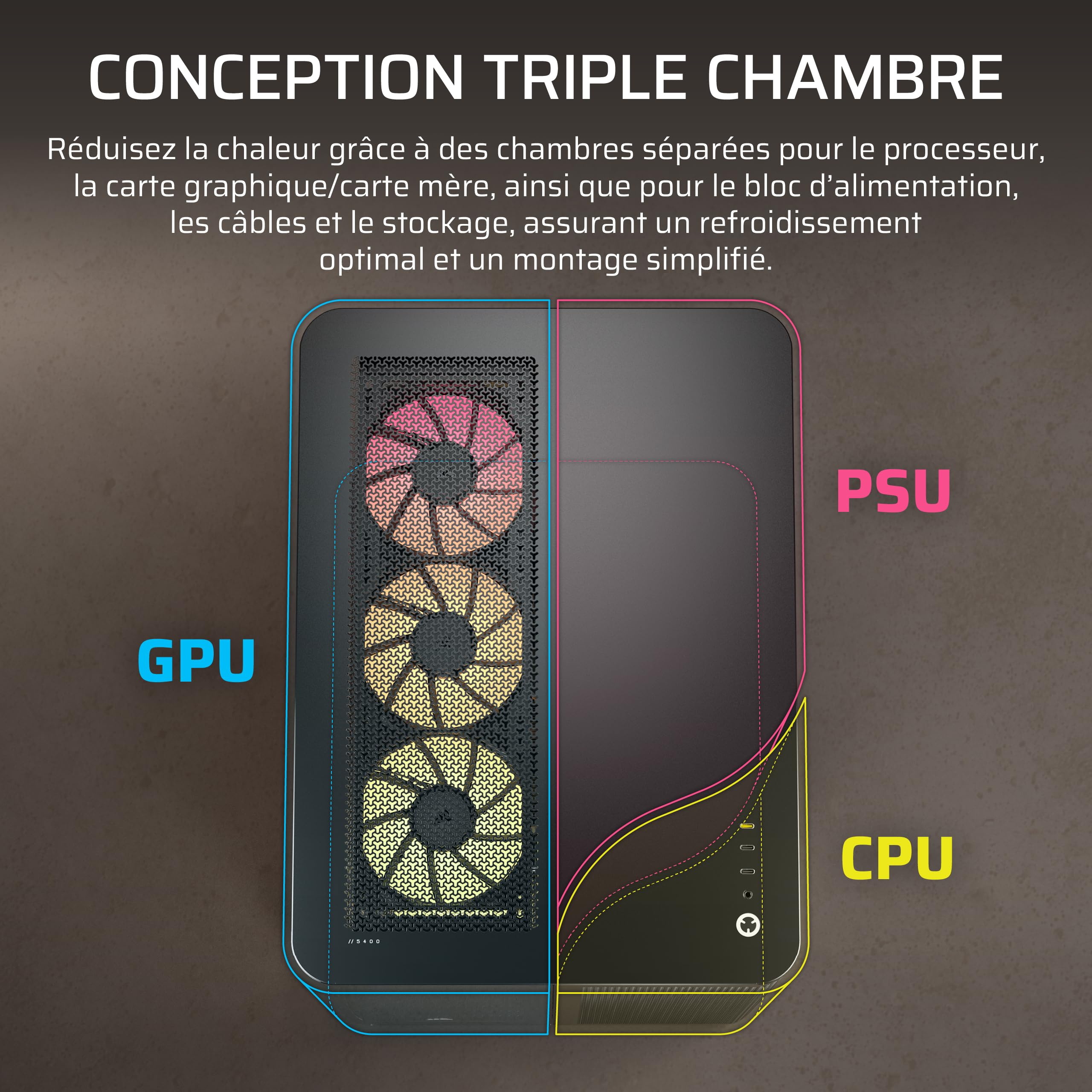CORSAIR AIR 5400 RS-R ARGB Boîtier PC Triple Chambre Moyen-Tour – Noir | 3x Ventilateurs RS-R ARGB Inclus, Panoramique, Chambre Isolée pour AIO 360mm, Compatible Mères À Connexion Inversée