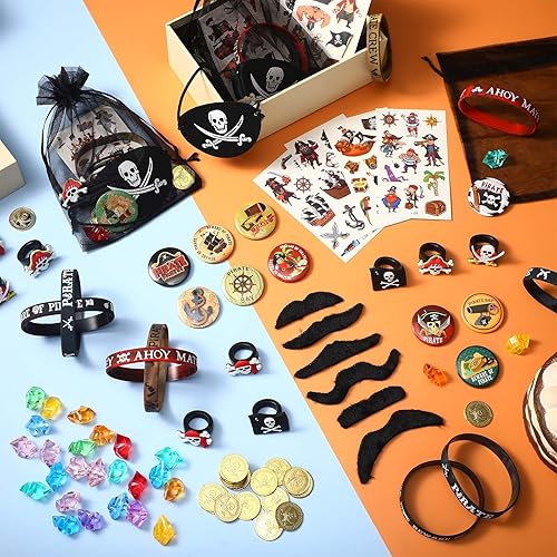 Miniatura 4 de 144 piezas de suministros de fiesta pirata incluyen pulsera pirata náutica tatuaje botón pin ojo parche oro moneda gema anillo bigote organza bolsa