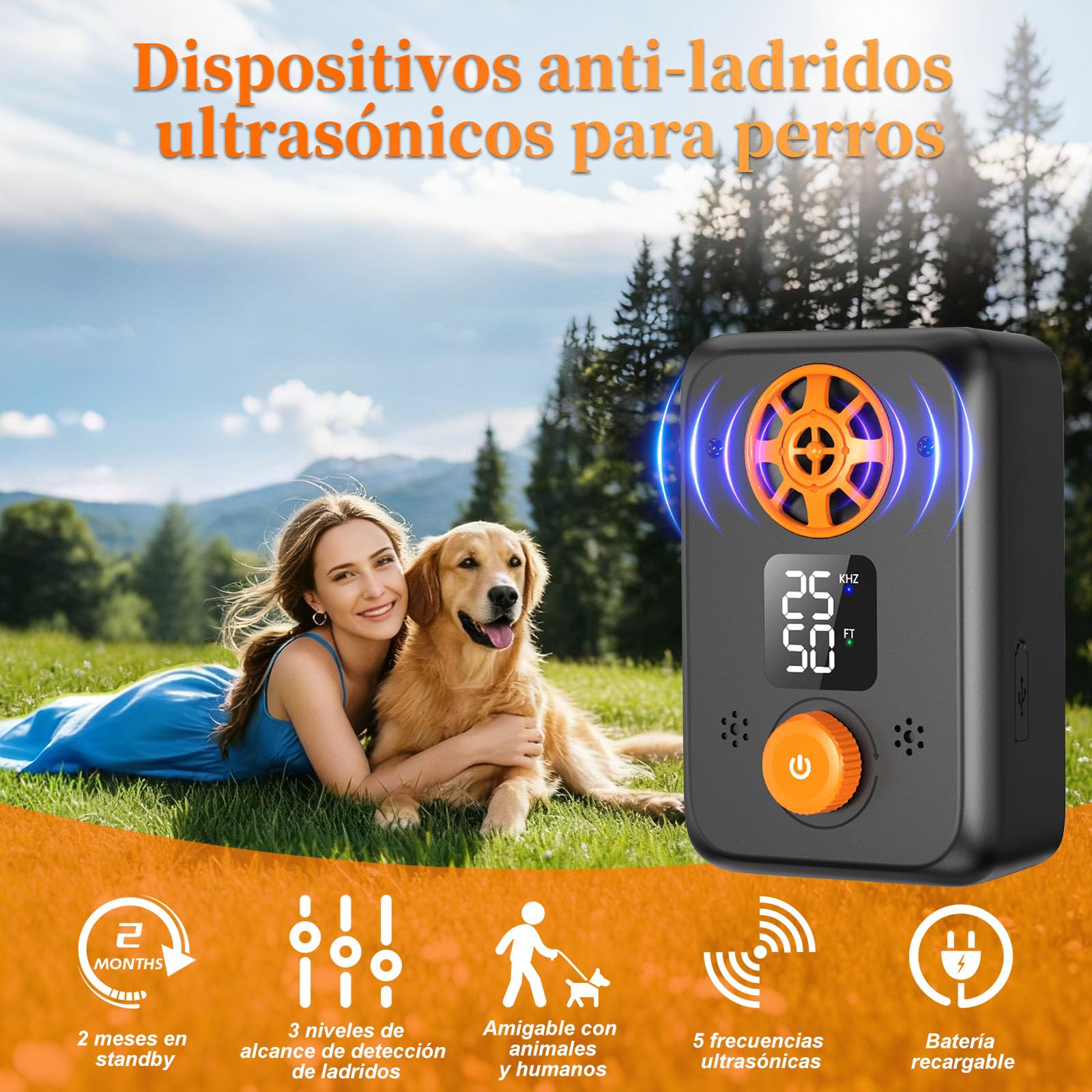 Anti Aboiement Chien Ultrason Puissant - Appareil Anti-Aboiement Ultrasonique Chien avec 5 Fréquences Ajustables, 3 Portées, Arrêt Automatique du Aboiement Intérieur/Extérieur