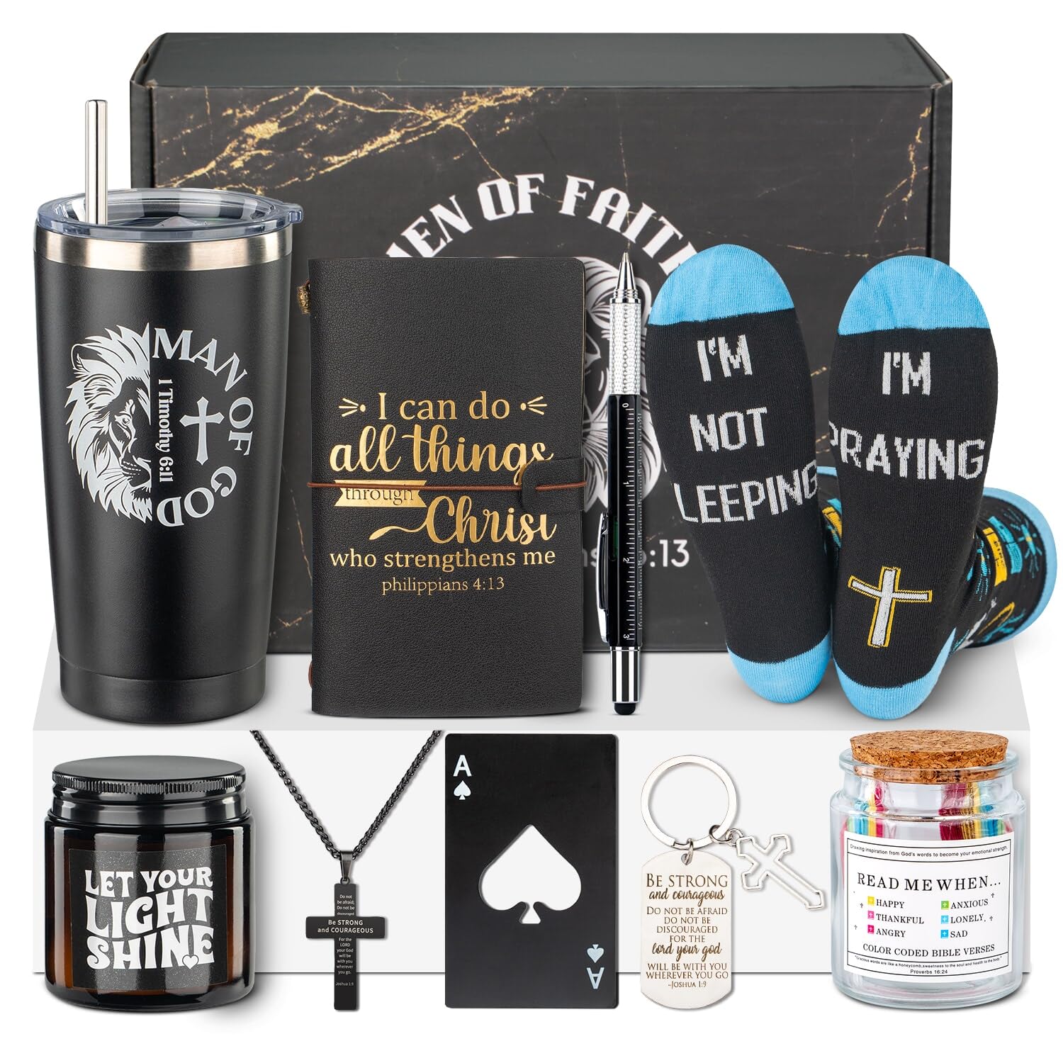 Christian Gifts For Men, Mens Easter Basket Stuffers, Catholic & Religious Gift For Men, God, Jesus, Faith Based Gifts With Prayer Jar, Bible Notebook, Encouragement Church Gifts For Pastor, Dad, Son