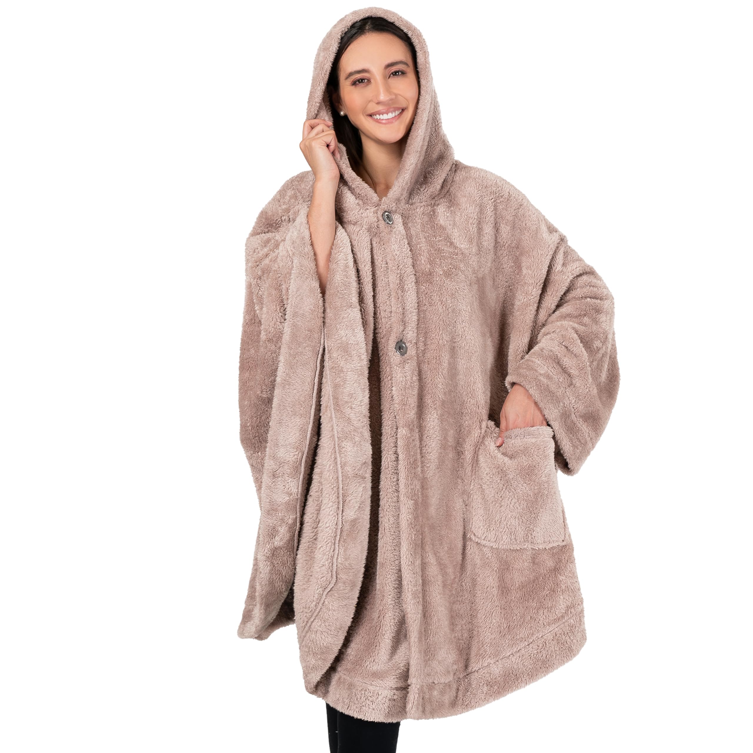 Pavilia Women's Taupe Angel Wrap Hooded Blanket Poncho, Wearable Blanket Throw Wrap Poncho For Adult, Cozy Fluffy Sherpa Fleece Shawl Cape With Hood Pockets, Warm Gift For Mom Wife, Beige