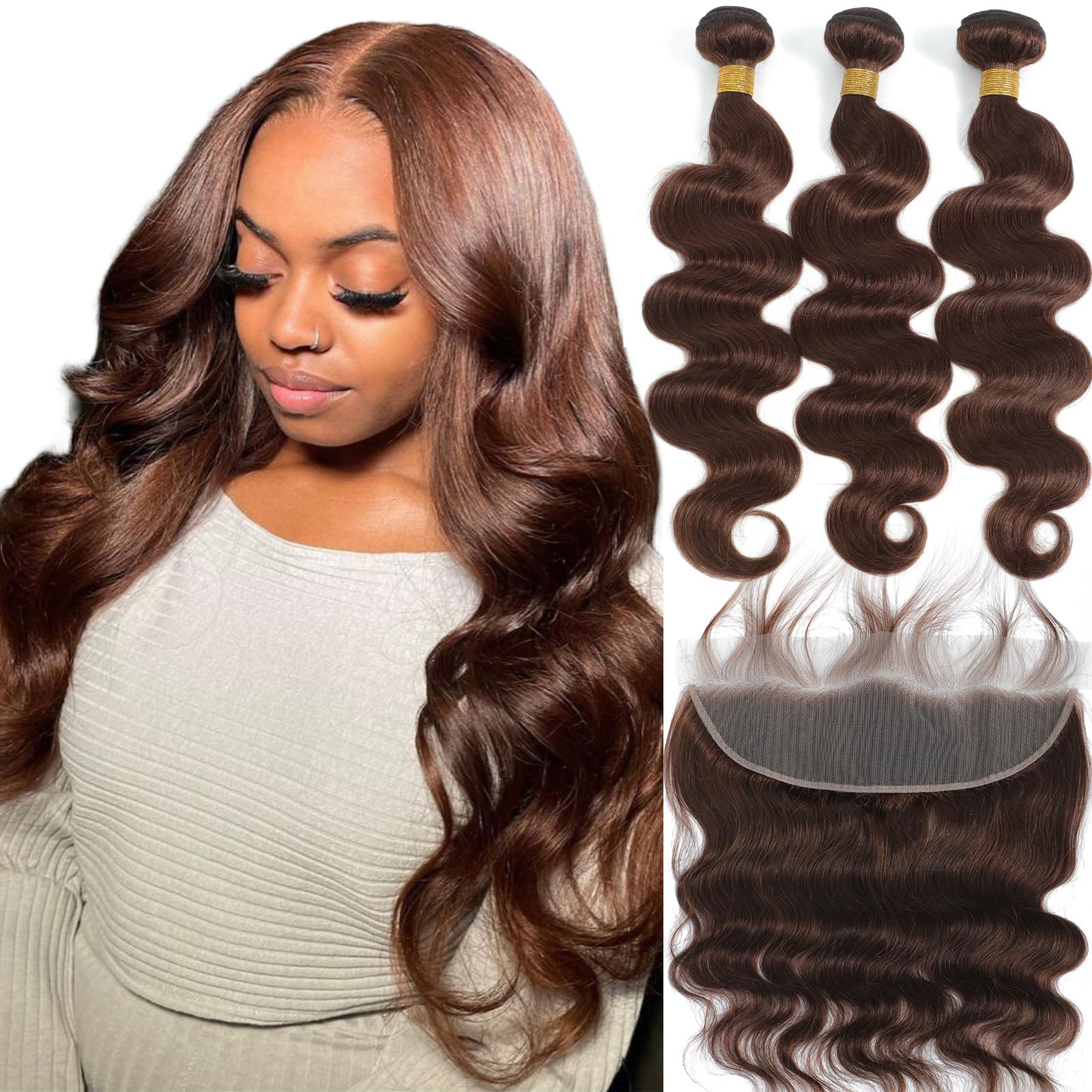Brown Bundles Human Hair with Frontal (22 24 26+20 Frontal) Brown Bundles Body Wave with 13x4 Frontal 12A 100% Raw Brazilian Virgin Hair Light