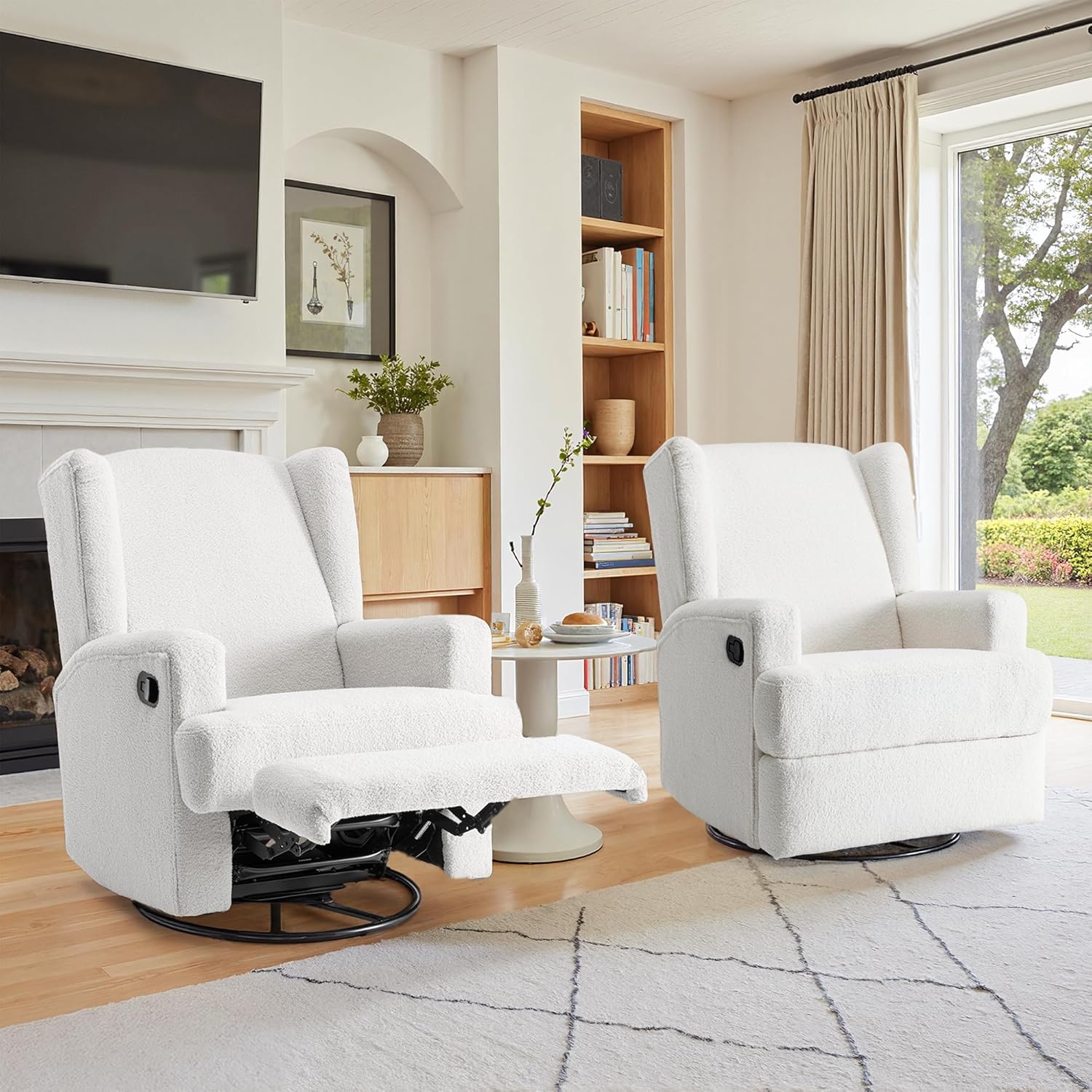 Recliner Chair, Swivel Rocker Chairs for Adults, Small Manual Nursery Glider Recliner for Living Room, Bedroom (Teddy Beige, Set of 2)