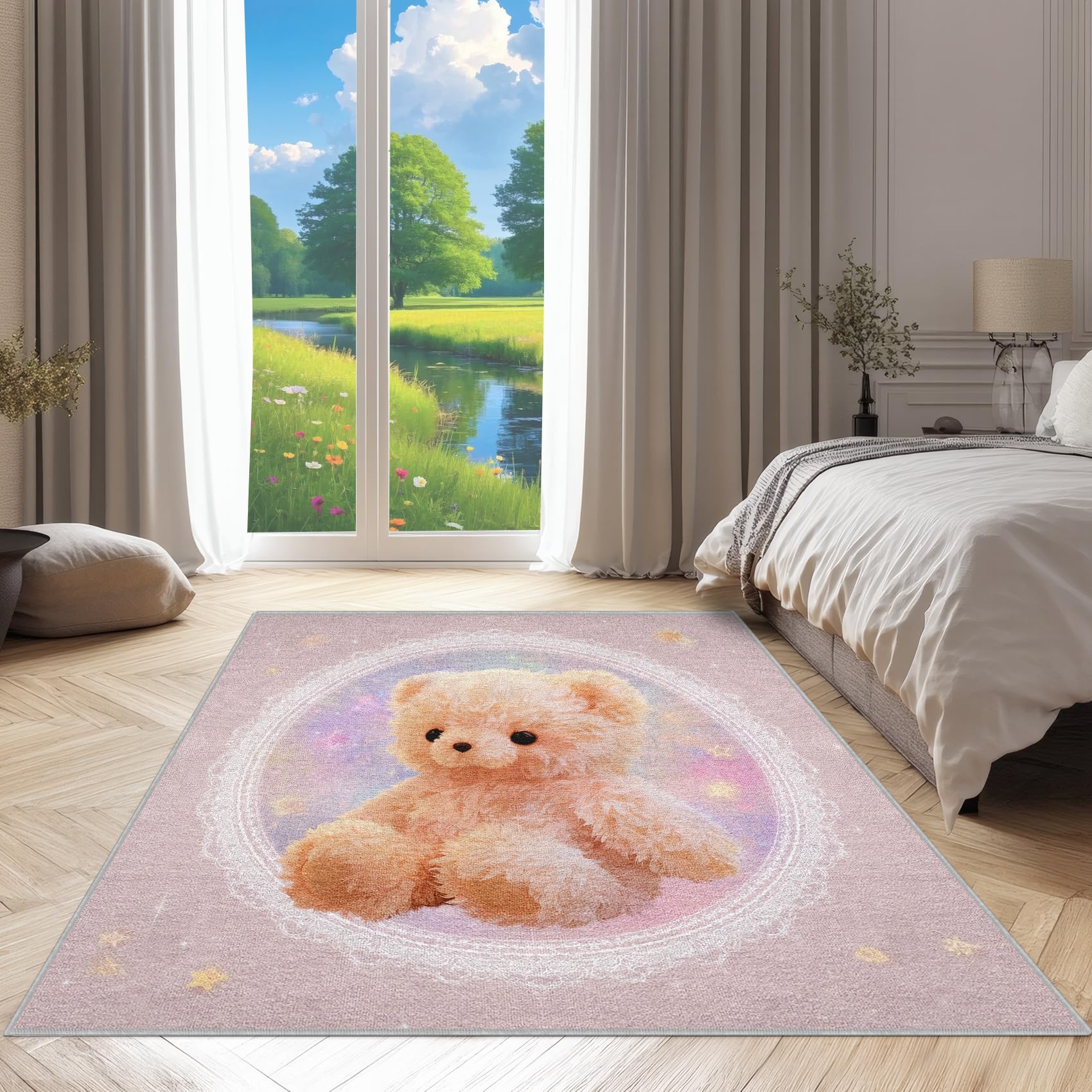 Générique Nounours Tapis Chambre 140x200 - Motif Lune Étoiles Tapis à Poils Courts Doux Antidérapant - Lavable en Machine - pour Salon à Coucher Cuisine Salle à Manger aHYcc4
