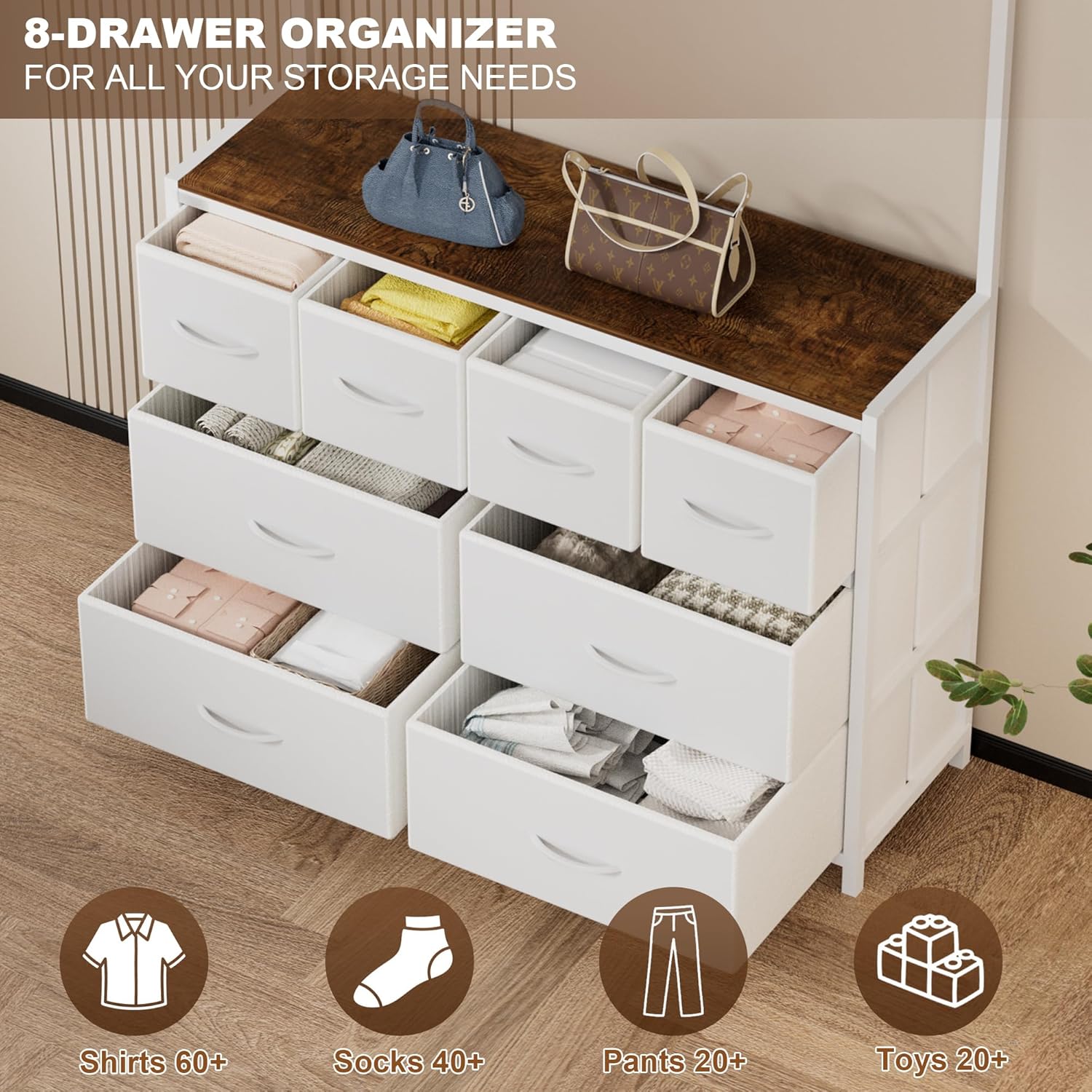 8 Drawer Dresser with 6 Double Hooks, Multifunctional Tall Closet Organizer with Storage Drawers, Space-Saving Chest for Bedroom, Baby & Kids Room (White)