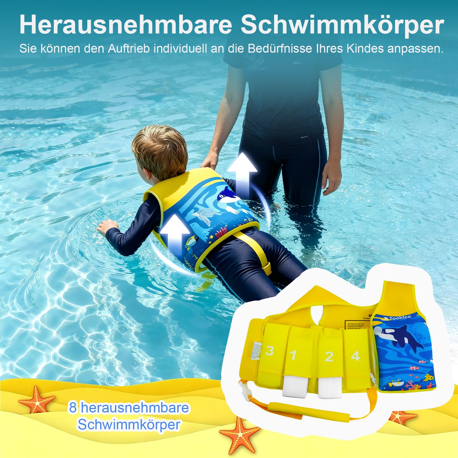Verstellbare Schwimmweste Kinder, Neopren Schwimmhilfe Kinder, TÜV geprüfte & Sichere, Leicht und komfortabel, Baby Schwimmlernweste für Schwimmunterricht, Schwimmtraining-02A