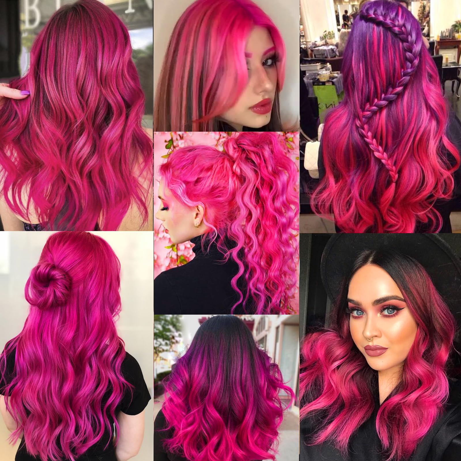12 extensiones de cabello con clip, color rosa intenso, extensiones rizadas y onduladas de color para niños y niñas, extensión sintética con reflejos para fiestas, 17 pulgadas 6