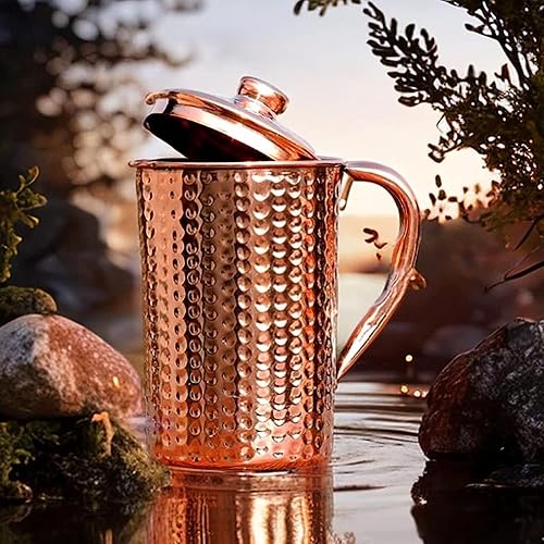 Miniatura 8 de Jarra de cobre 100% puro de 50.72 onzas  50.7 fl oz  Jarra martillada tradicional con tapa  Botella de agua con mango de cobre  Beneficios para la