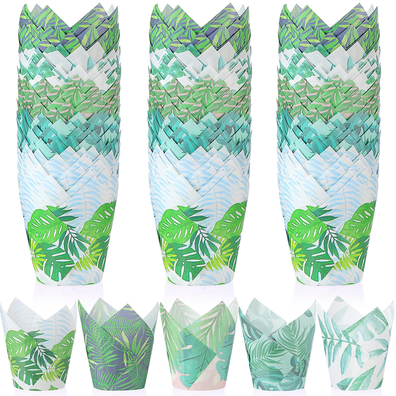 Havawish 500 Counts Greenery Tulip Cupcake Liners Tropical Hawaiian Baking Cups Palm Leaf Muffin Liners Greaseproof Cupcake Wrapper Tulip Paper Baking Cup for Tiki Luau Baby Shower Party Decoration