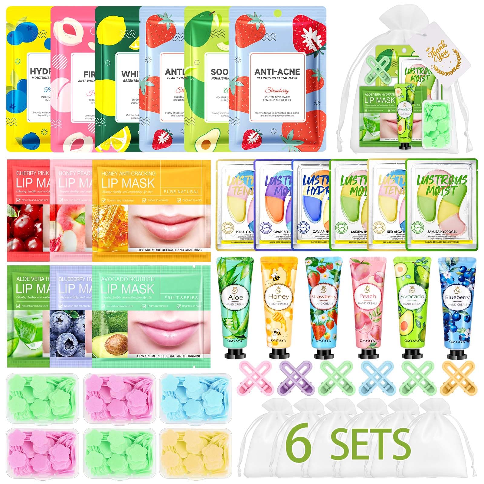 48PCS Bulk Gifts, Spa Party Favors Supplies With Face Masks, Mini Hand Cream, Hair Clips, Lip Mask, Under Eye Patches and Hand Washing Soap Sheets For Party Favors,Group Gifts, Thank You Gifts Green