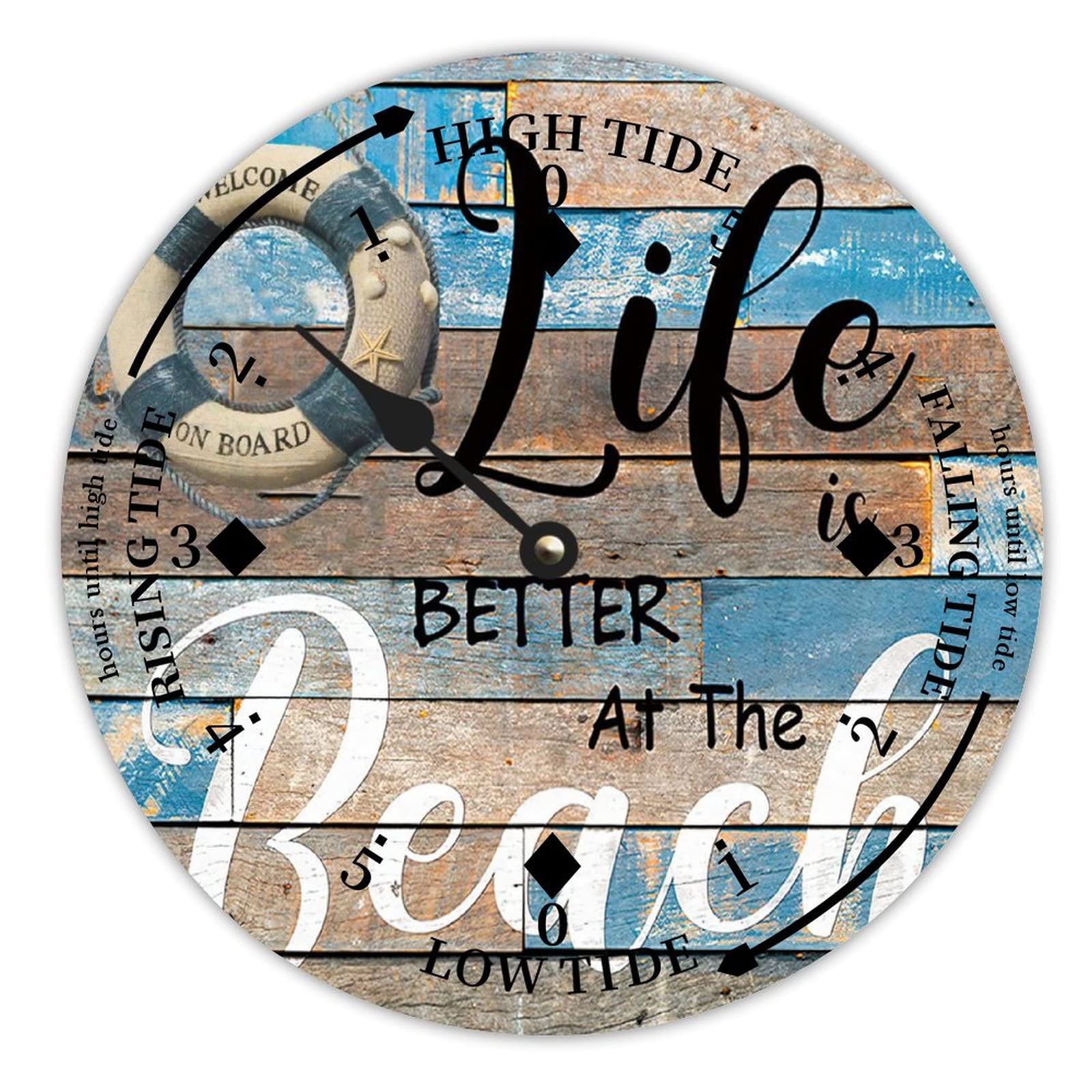 Luijorgy Style-4 Starfish Life Is Better At The Beach Wood Tidal Clock Ocean Time Coastal High Tide Low Tide Clock Rustic Wooden Nautical Tide Movement Vintage Decor For Beach House Kitchen Wall Art 15 Inch