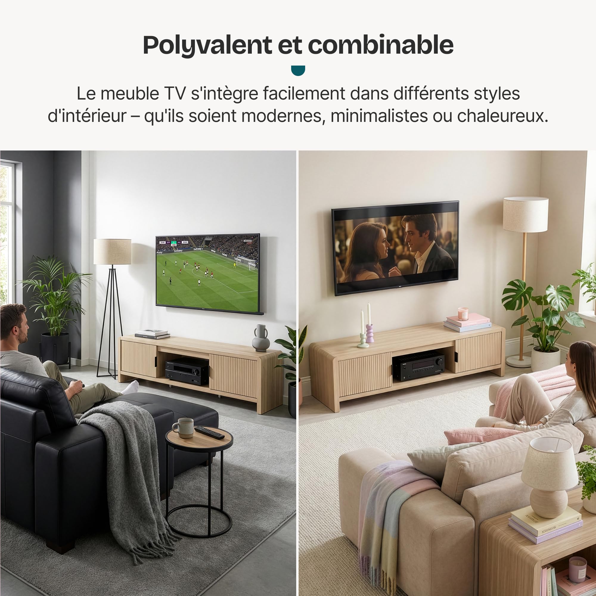[en.casa] Meuble TV Support Télé avec 3 Compartiments de Rangement et 2 Portes Scandinave Passages de Câbles Salon Chambre Peu Encombrant Stable Élégant Moderne MDF 150 x 40 x 40 cm Effet Chêne