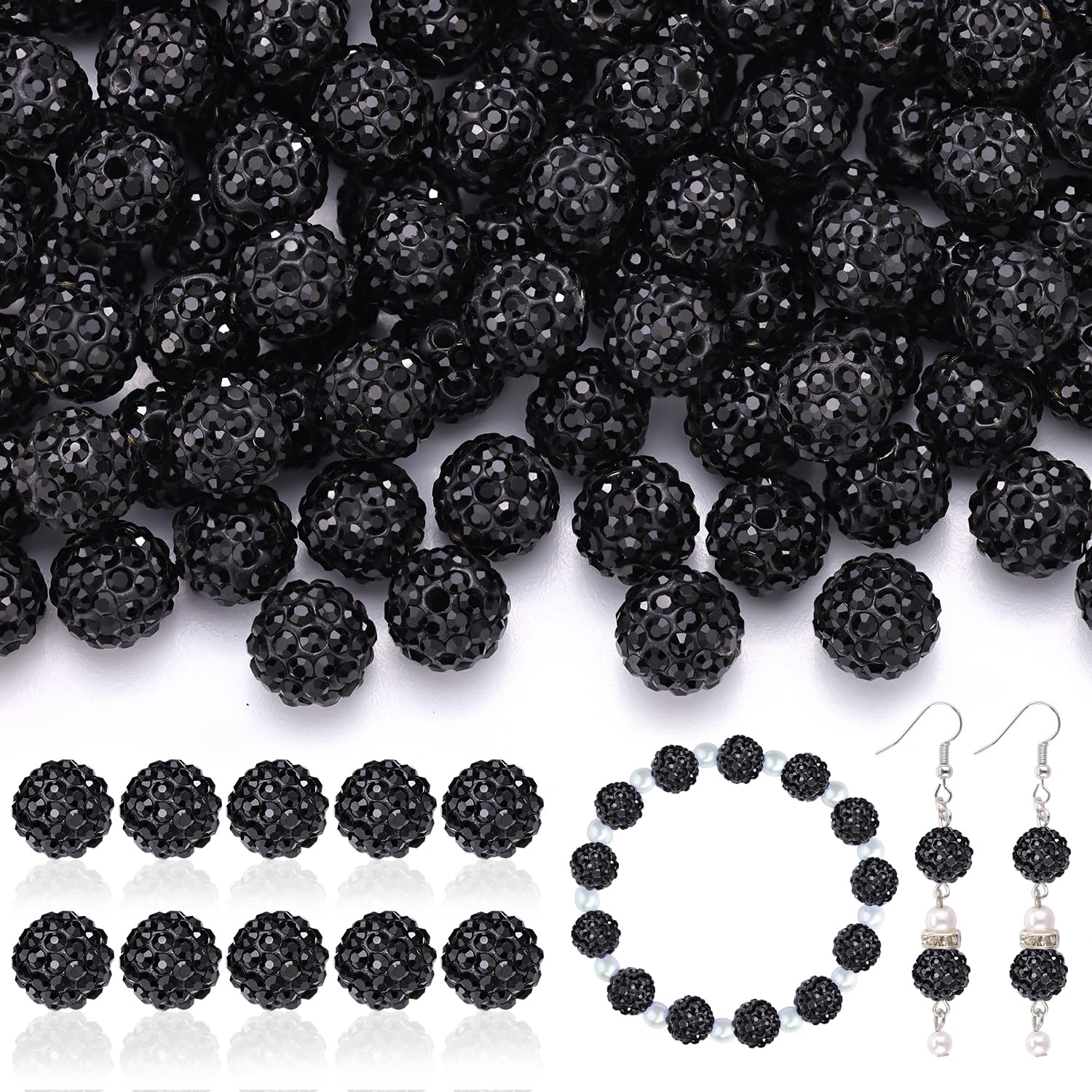 105 cuentas de diamantes de imitación de 10 mm para hacer joyas, bolas de discoteca redondas y brillantes negras, arcilla de cristal brillante a granel para Navidad, pulseras, collares de béisbol, pendientes, manualidades y bricolaje.