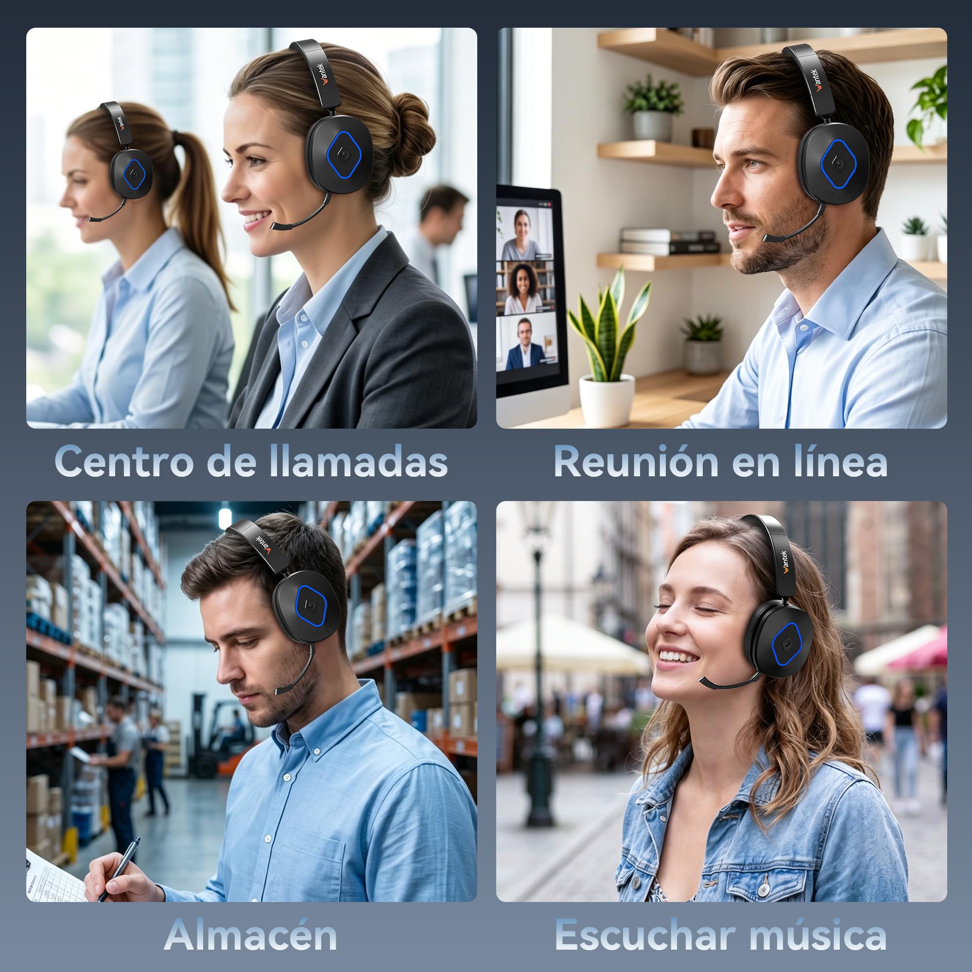 Wantek Auriculares Bluetooth con Micrófono, Base de Carga y Dongle USB, Bluetooth 6.0, Cancelación de Ruido, Conexión Dual, 50 Horas, para PC, Portátil, Móvil, Teams, Zoom y Oficina