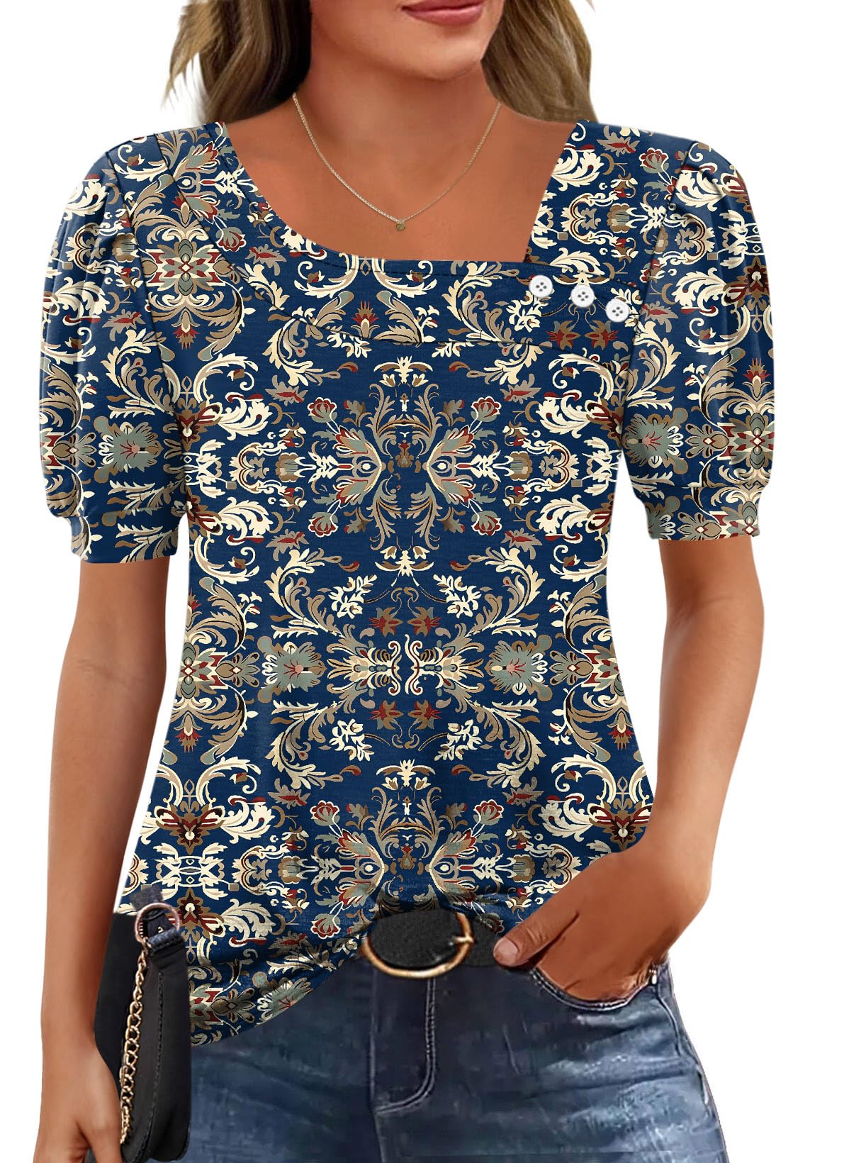 Rapbin Bluse Damen Kurzarm Oberteile Elegant Asymmetrischem Ausschnitt T-Shirt Sommer Button Blusenshirt Casual Top from S to XXL
