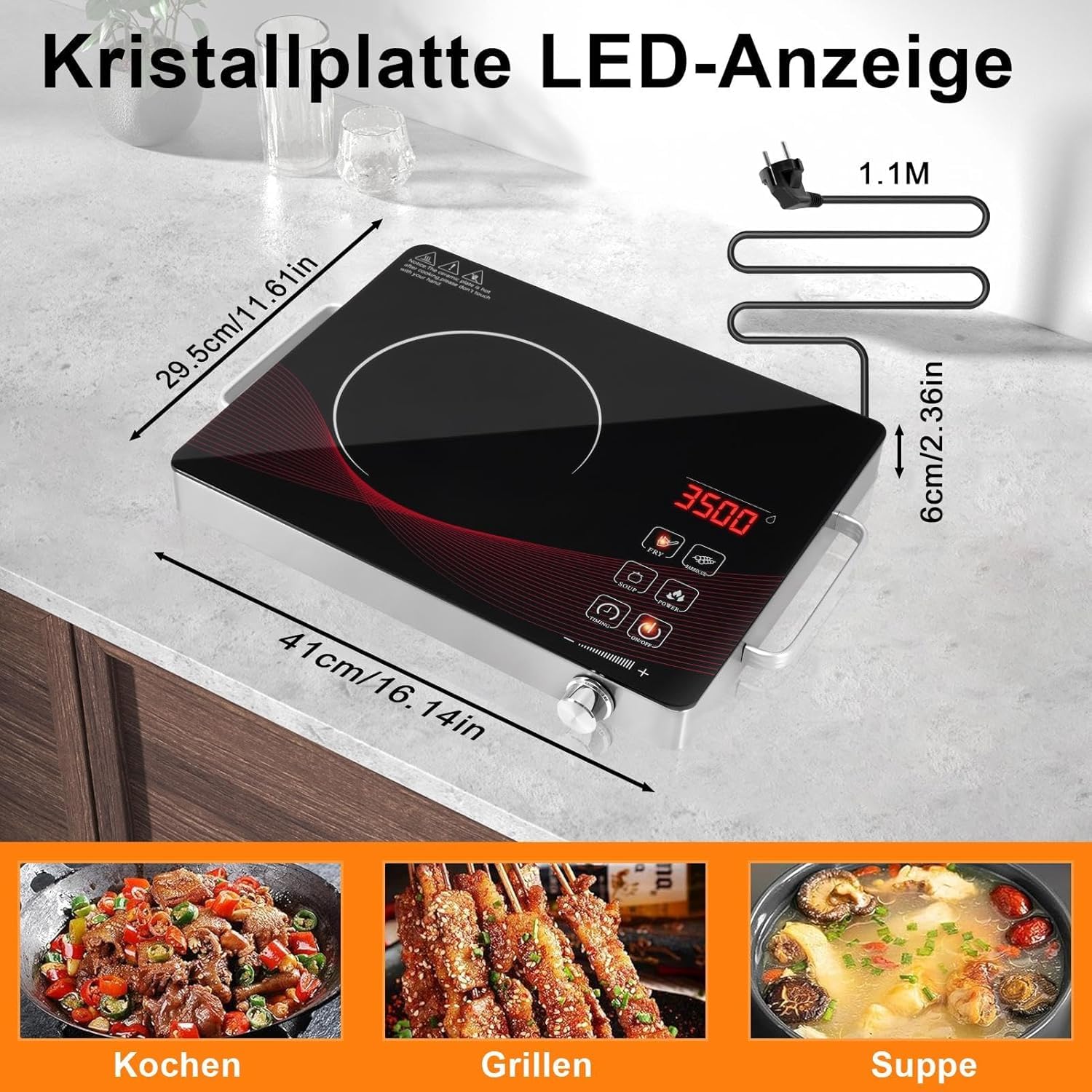 Ce/rankochfeld 3500W Ce/ranfeld Tragbares 41cm 29cm Touch Steuerung Kochfelder 4 Modi 9 Stufen Leistung 1 Minute 3 Stunden 1 Platte Timer Funktion Herdplatte 1 Kochfeld