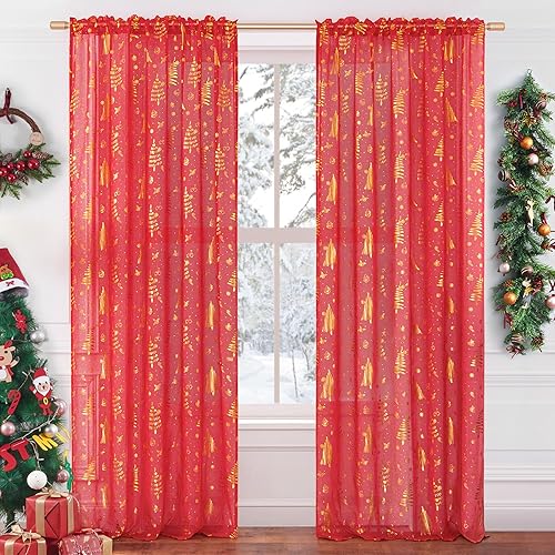 Miniatura 8 de Decoraciones navideñas rojas para el hogar, cortinas traslúcidas de Navidad de 84 pulgadas de largo para niñossala de estar, juego de 2 paneles,