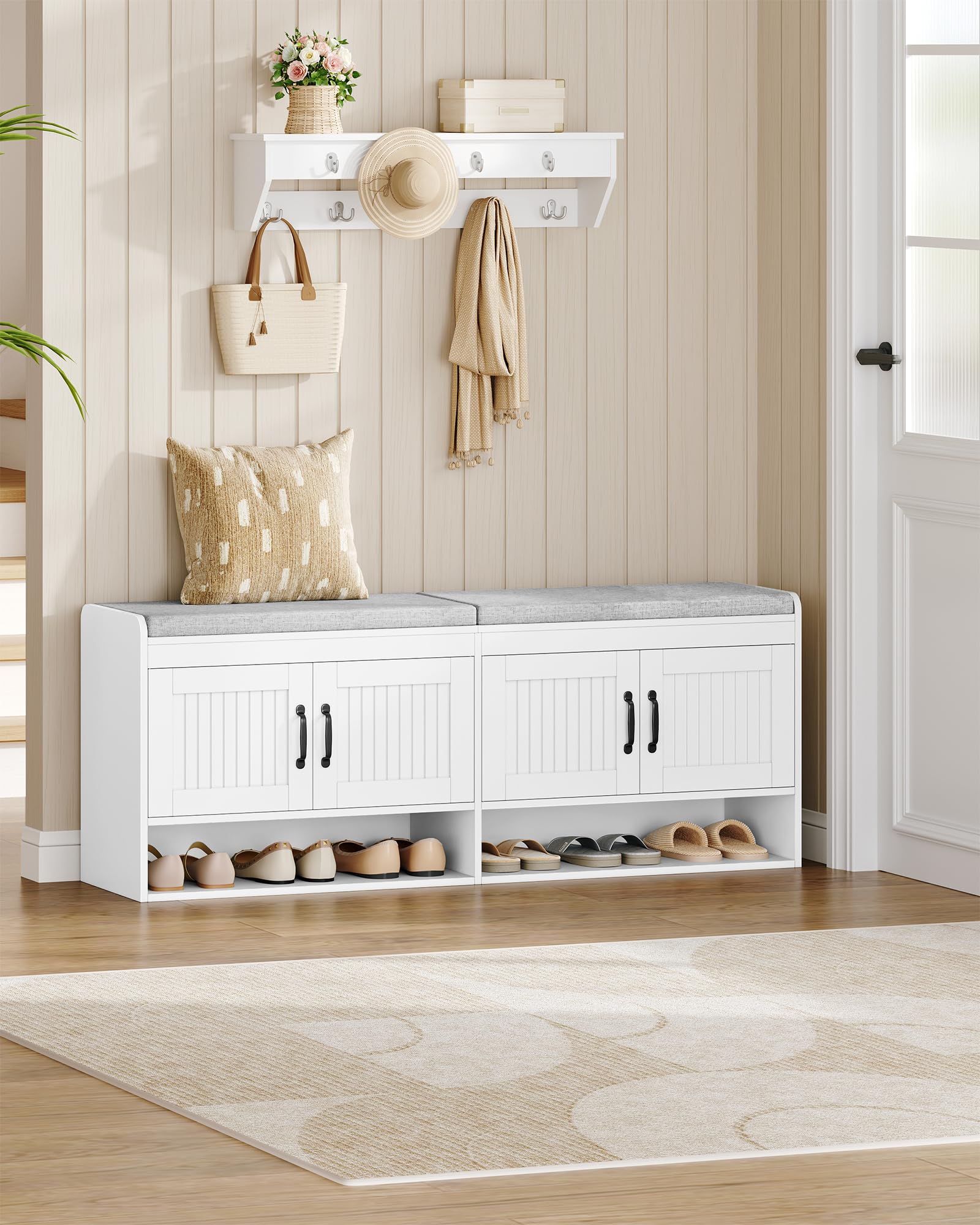 Hzuaneri Banc à Chaussures avec Siège, 140 cm, Blanc | Étagère à Chaussures, Espace de Rangement, Espace ouvert, Rangement Caché, pour Salon, L'entrée, 35 x 140 x 54 cm, SB41403GY