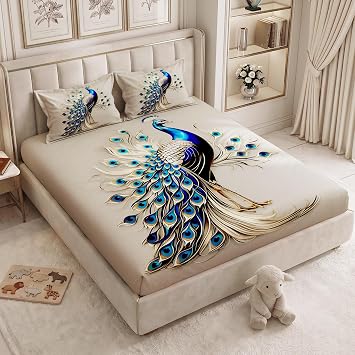 240 TC Cotton Double Bedsheet for King Bed (225×250 Cm) | 7D Digital Printed Double Bedsheet with 2 Pillow Covers | Soft, Wrinkle Packaging - Peacock