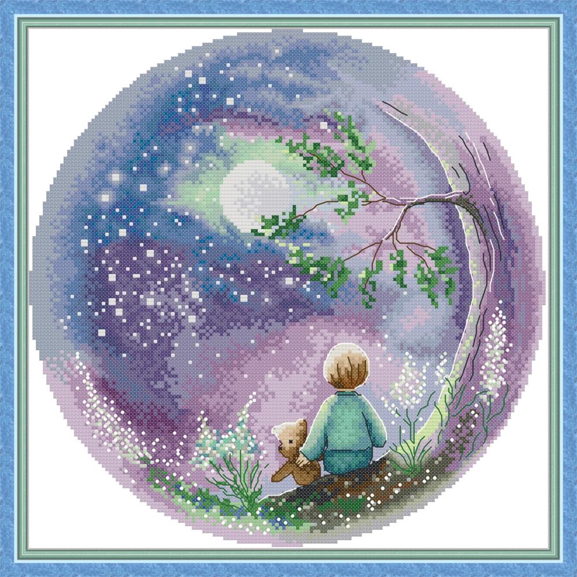Howie's Needlepoint 14CT Pre-Printed Cross Stitch Kits,Embroidery Patterns Starter Kits,Needlepoint Kits (Looking Up at The Moon 1, 13.5 * 13.5 Inch)