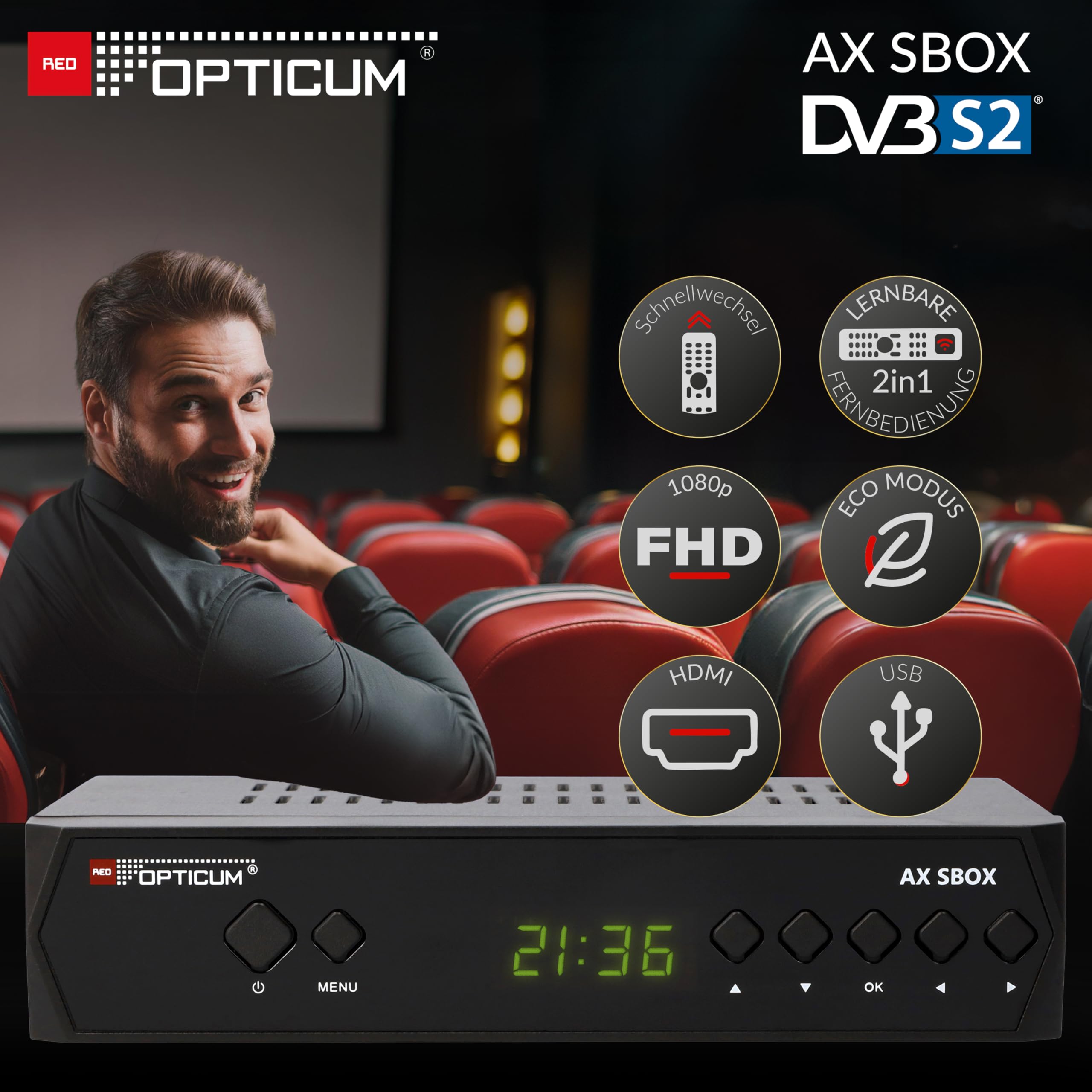 RED OPTICUM HD Sat Receiver für Satellitenschüssel mit Aufnahmefunktion S-Box PVR - Timeshift, HDMI, SCART, USB, Coaxial - Digital TV Receiver für Satelliten/Satellit + HDMI Kabel