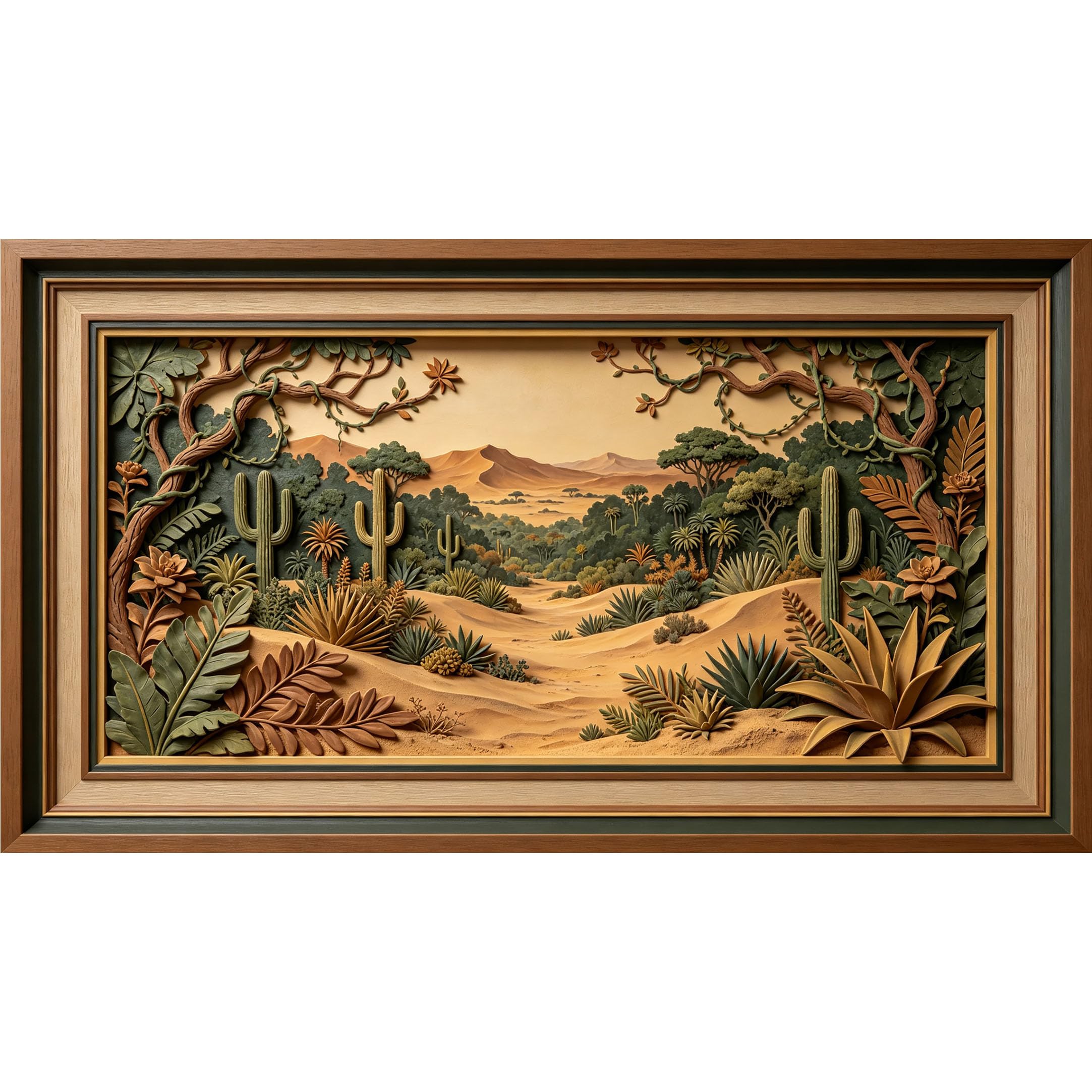 QZLITHOTIC 50×90cm3D Framed Wall Art， Desert Cactus Landscape Botanical Mural， Water?Activated Peel & Stick Fabric Decor Wall Decal for Bedroom Living Room Textured Print