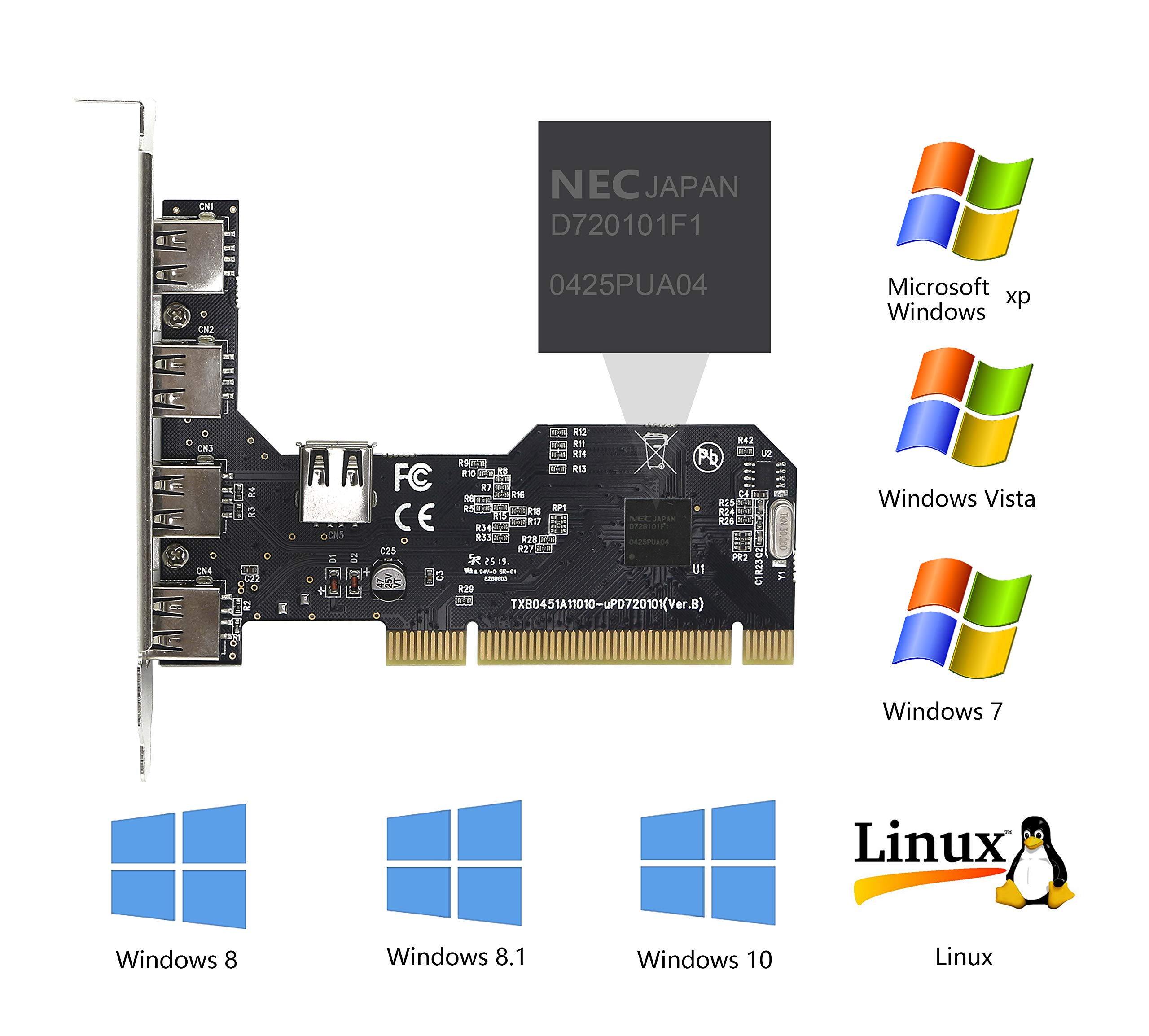 CERRXIAN 5-portowa karta rozszerzeń PCI na USB 2.0, karta rozszerzeń PCI karta USB do komputera stacjonarnego, adapter kontrolera koncentratora PCI na USB 2.0, indywidualny