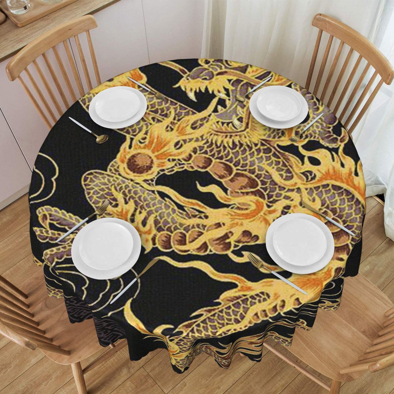 DCEHGEW 60 In Round Tablecloth with Lace, Yellow Dragon Printed Oilproof & Washable Fabric Picnic Table Cloth Table Covers