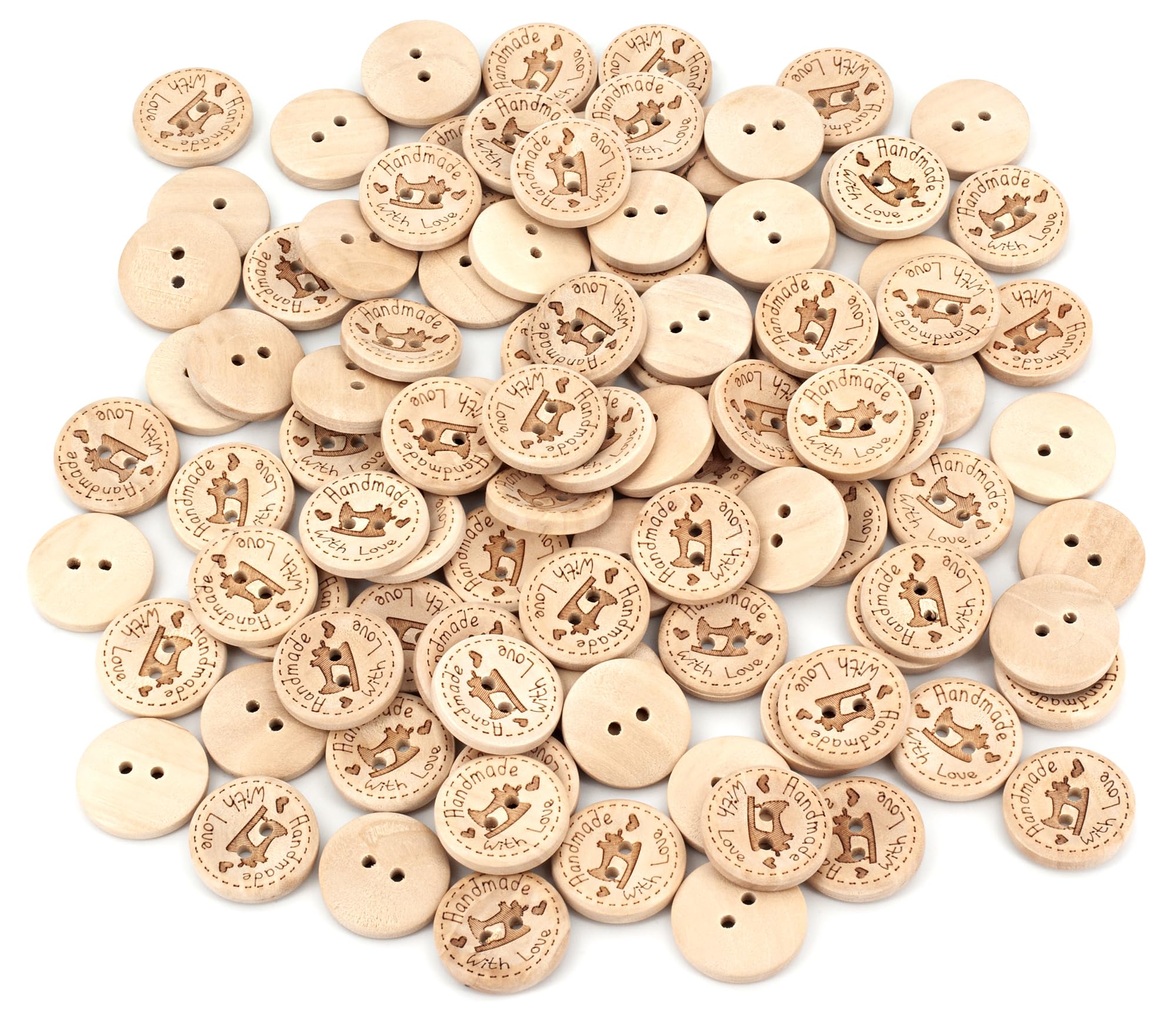 Faden & Nadel Handmade Holzknöpfe, 100 Stück, Ø 20 Mm – Helles Holz, 2 Löcher, Mit 'Handmade With Love'-Herz-Gravur