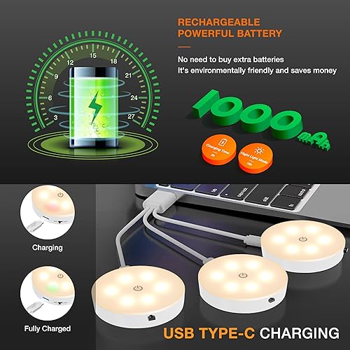 Miniatura 3 de Luces de disco con control remoto, iluminación recargable de 1000 mAh para debajo del gabinete, paquete de 3 luces LED para armario, luces adhesivas