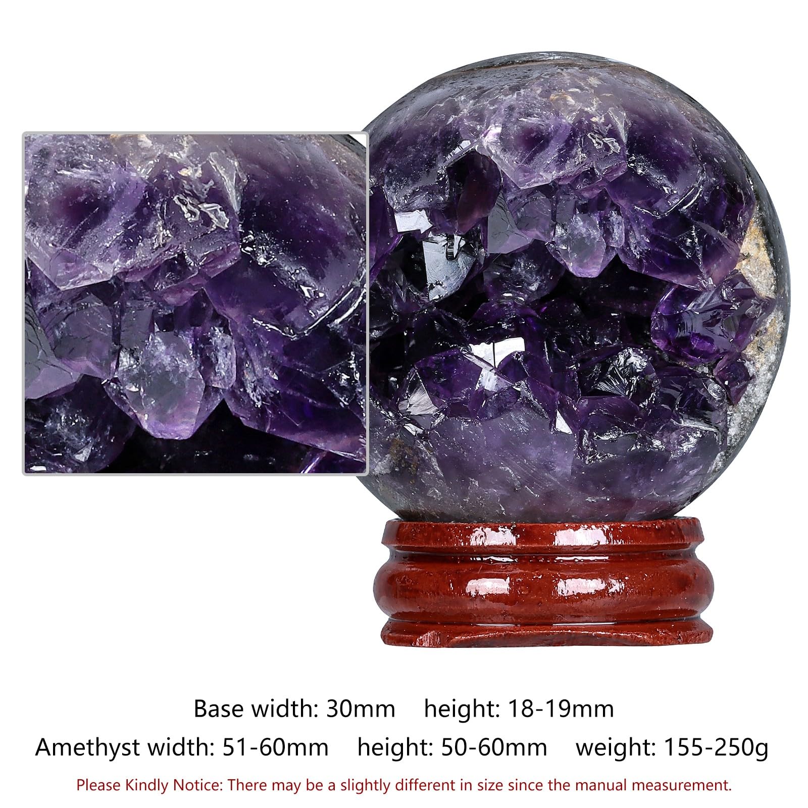 TUMBEELLUWA Amethyst Druzy Geode Gemstone Ball with Wood Stand Healing Natural Crystal Sphere Ball for Divination Home Office Decor, 2-2.36 Inches