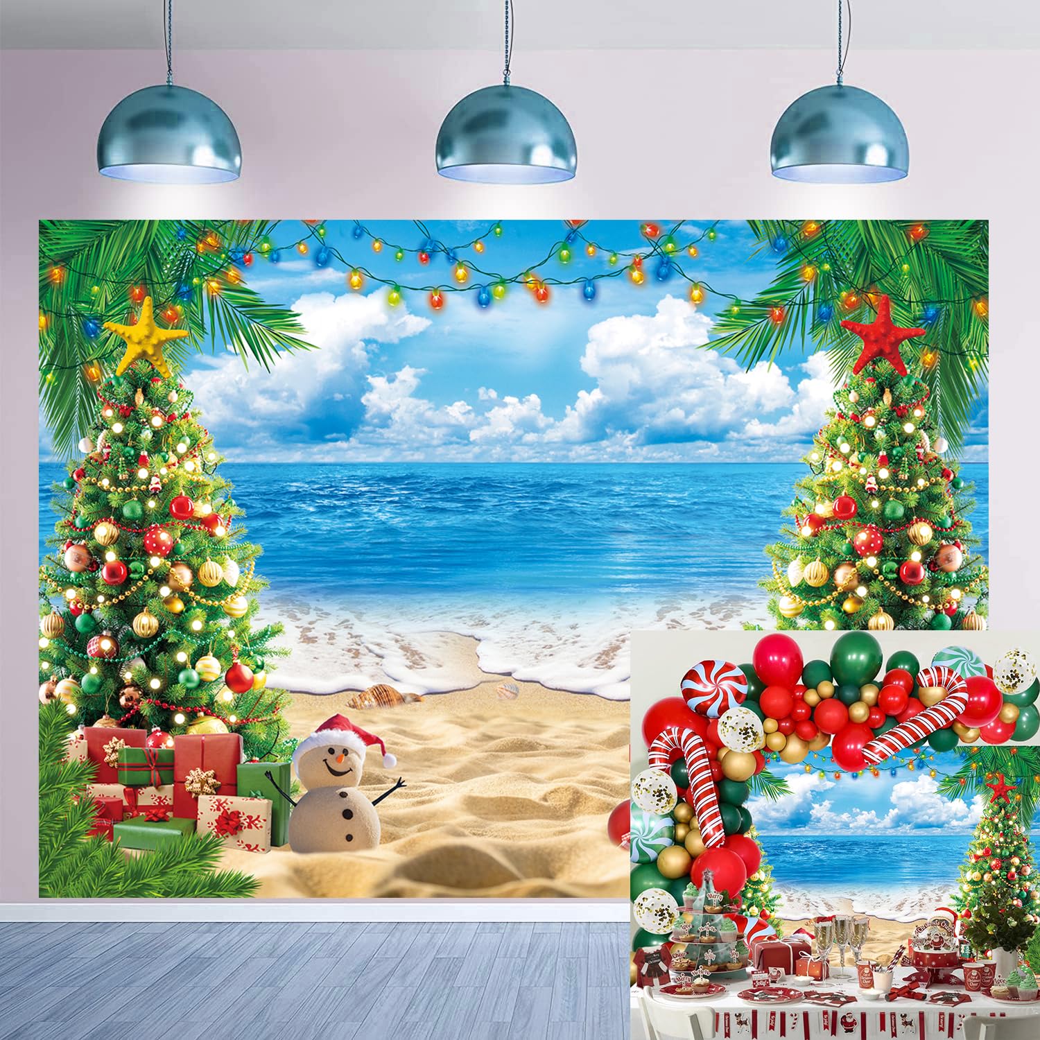 July Christmas Backdrop 8x6FT Summer Beach Christmas Photography Background Tropical Hawaiian Xmas Party Decorations Supplies Photo Props