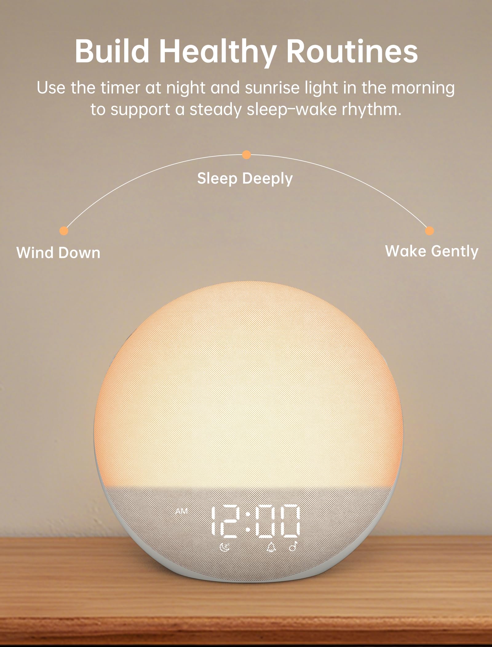 Odokee Reloj despertador Sunrise con máquina de sonido: luz de despertador suave y 7 sonidos de alarma para dormitorio, 3 modos de despertar y 32 niveles de volumen para masilla matutina sin estrés