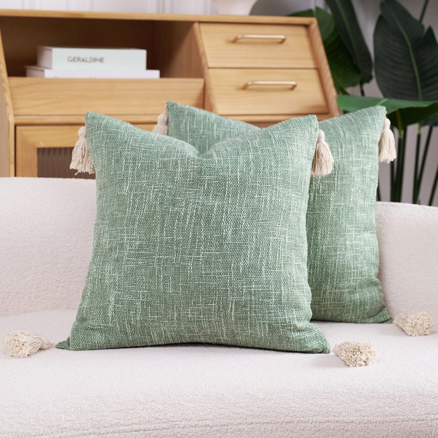 jinchan Linen Textured Pillow Covers with Tassels Farmhouse
