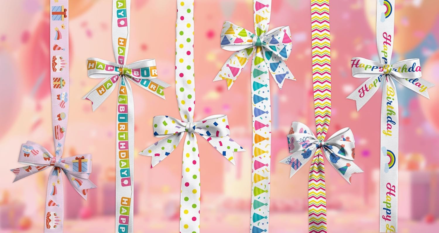 YKW 8 Pack Birthday Ribbon Set, 3/8 Inch x 24 Yards Grosgrain Decorative Ribbons, for Gift Wrapping, Party Decoration, Cake Box, Balloon, DIY Crafts - Rainbow Happy Birthday Theme - Image 3