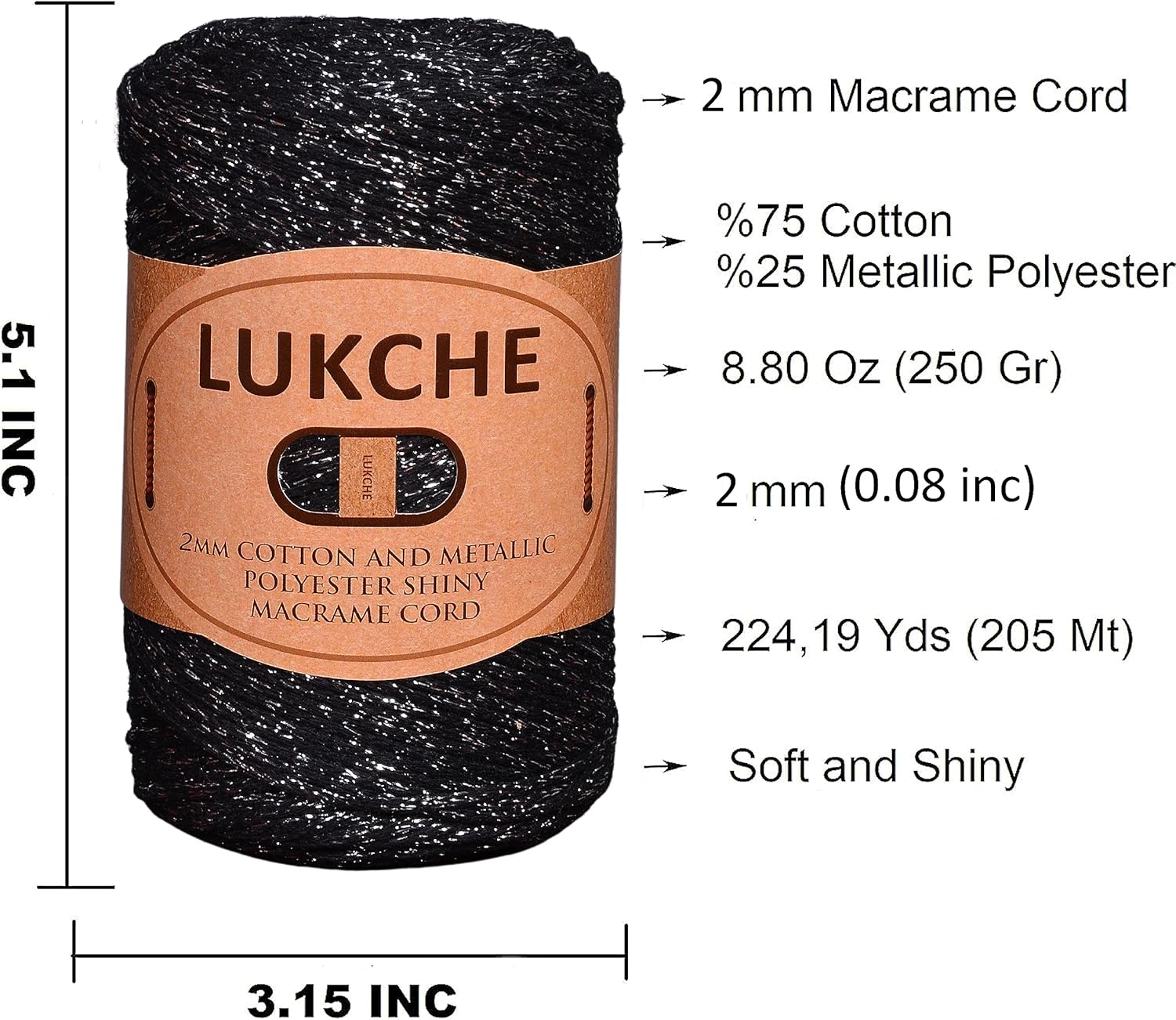 2mm Cotton Sparkle Macrame Cord 224 Meters, Colorful Crochet Macrame Cord for Wall Hangings, Bags, Plant Holders, Rugs, Polypropylene Supplies (2 Skein, Black Silver)